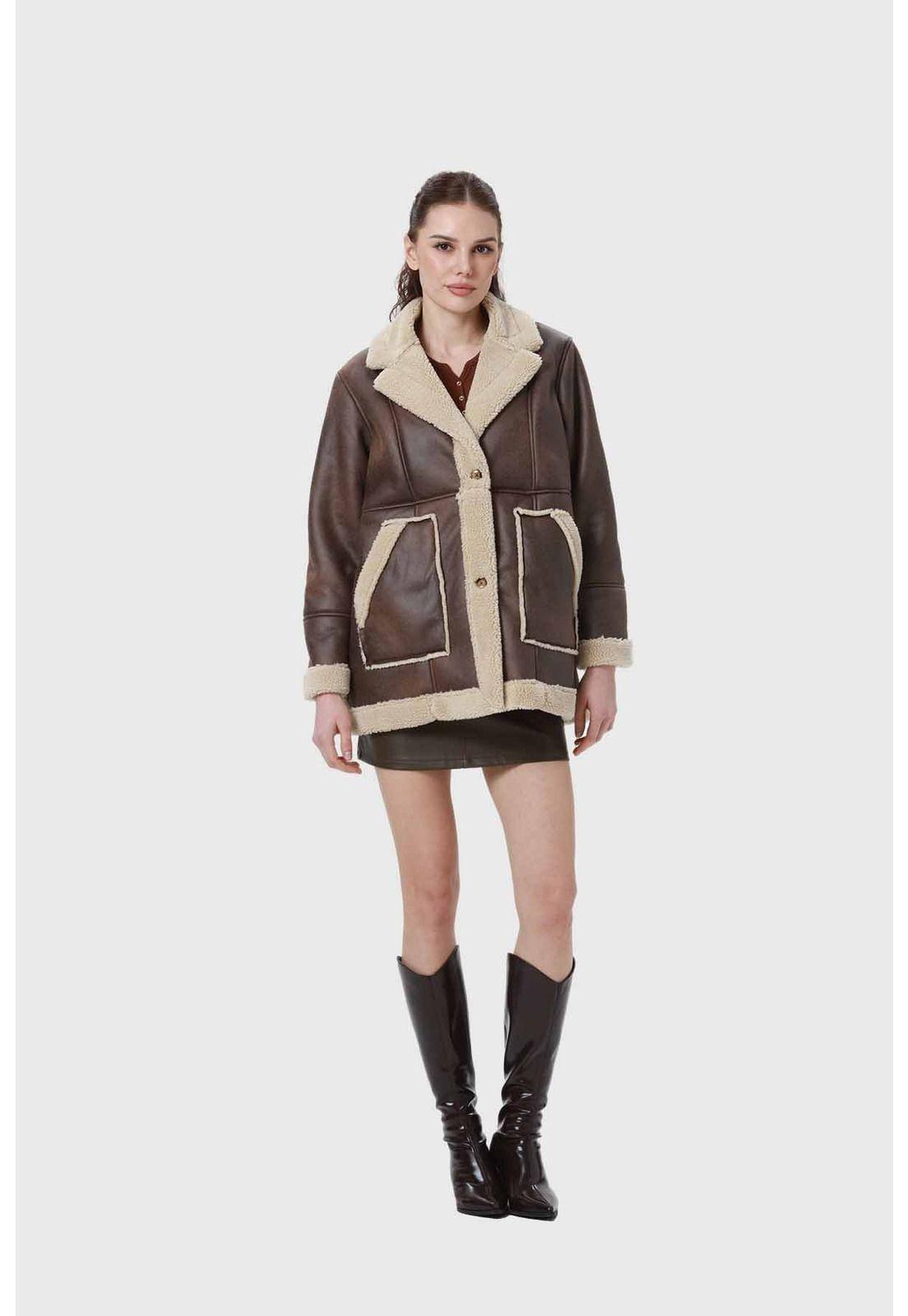 Abrigo Mujer Efecto Cuero Bonded Pelo Interior Café-3