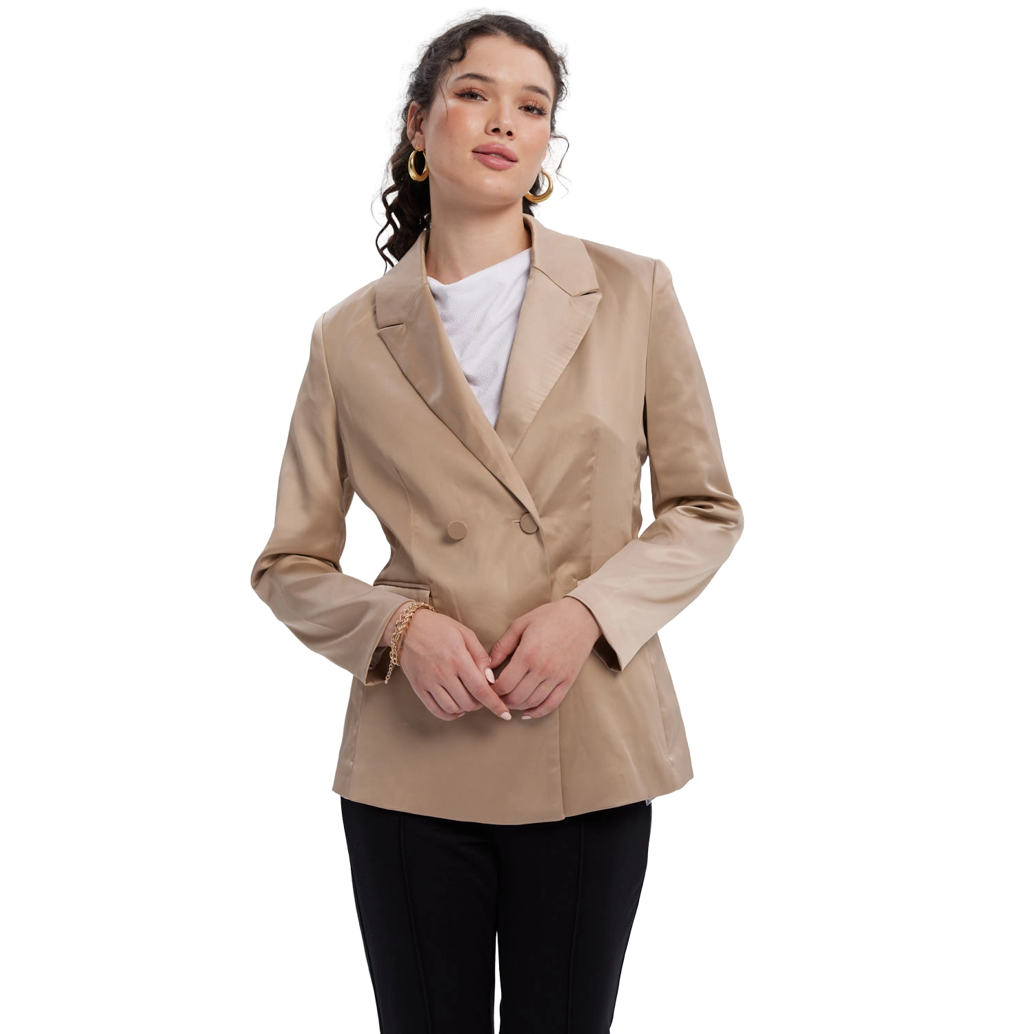 Blazer Mujer Largo Satinado Beige-3