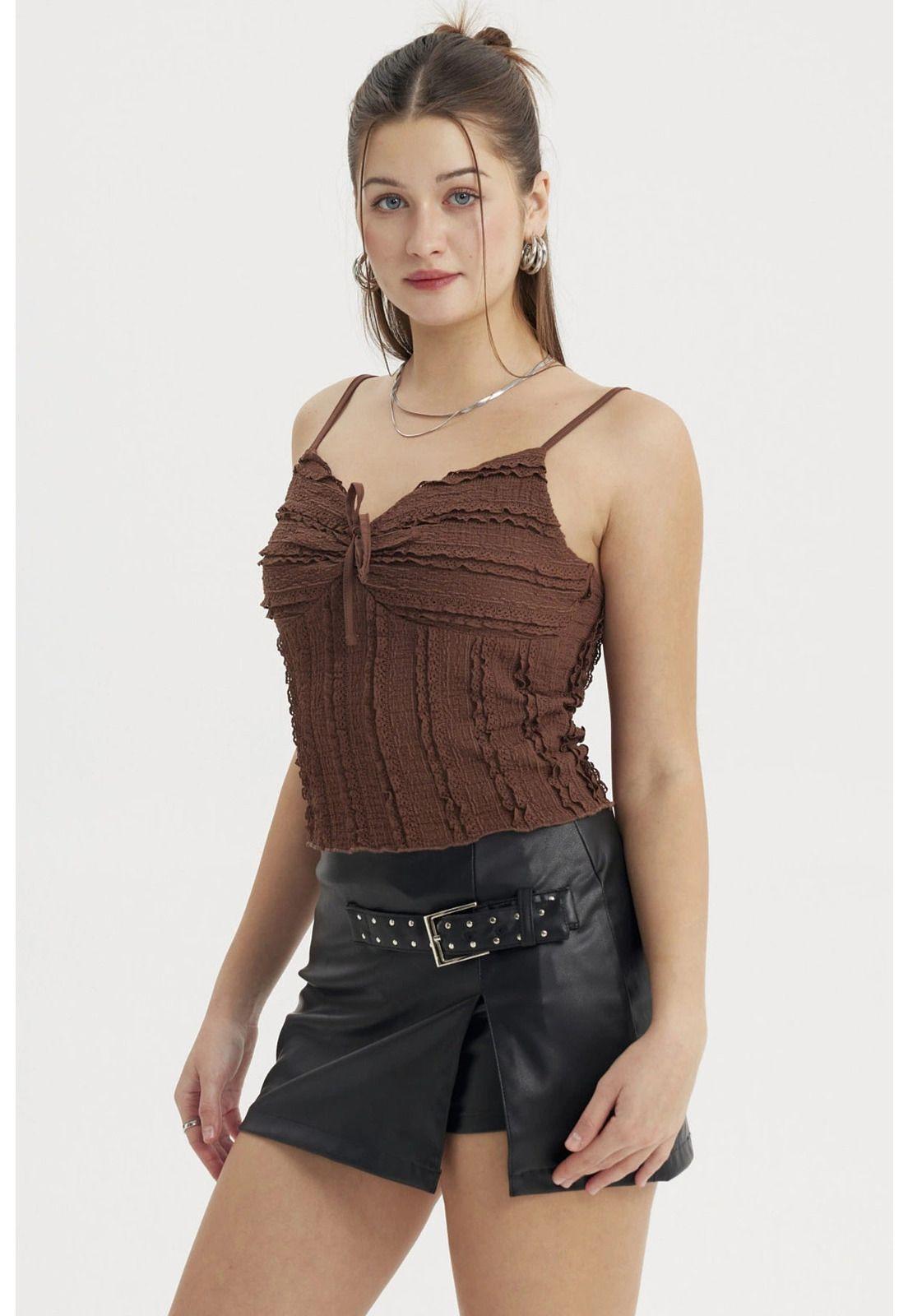 Polera Peto Mujer Texturizada Café-1