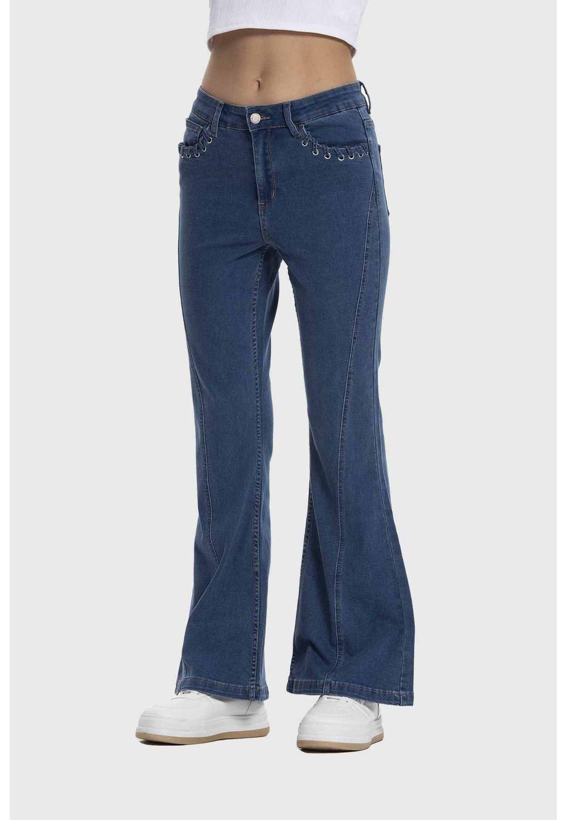 Jeans Mujer Flare Ojetillo Azul-1