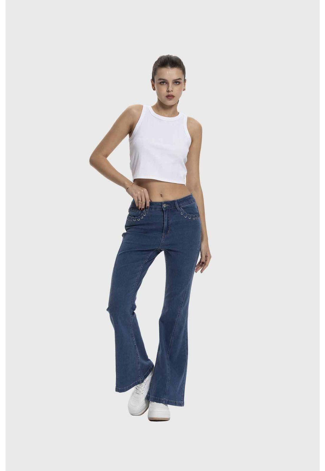 Jeans Mujer Flare Ojetillo Azul-3