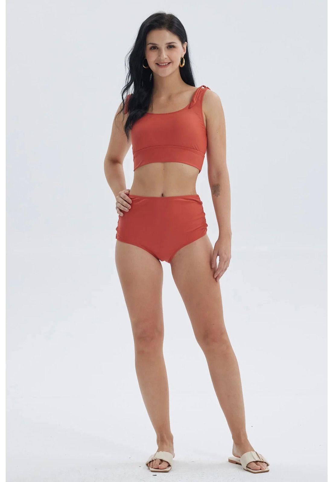 Traje De Baño Mujer Tiro Alto Con Abertura Terracota-3