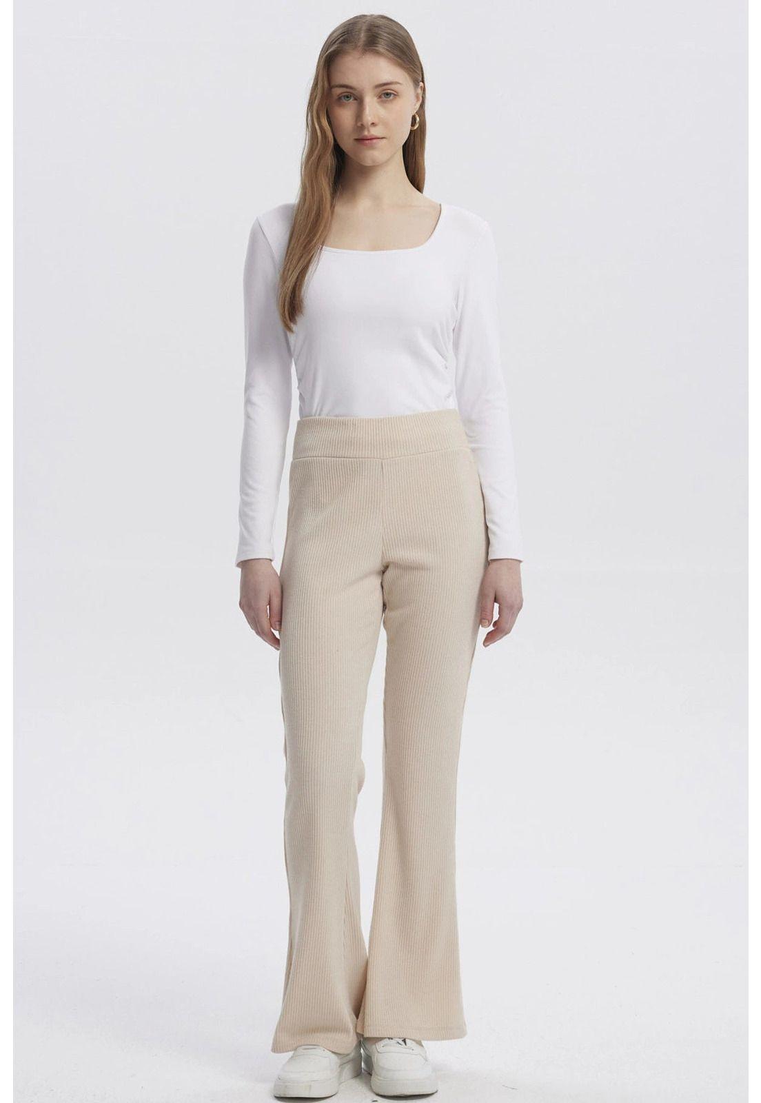 Pantalón Mujer Flare Rib Beige - ll-3