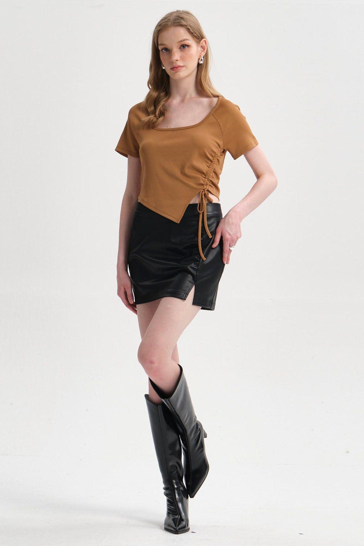 Falda Mujer Efecto Cuero Negro-3