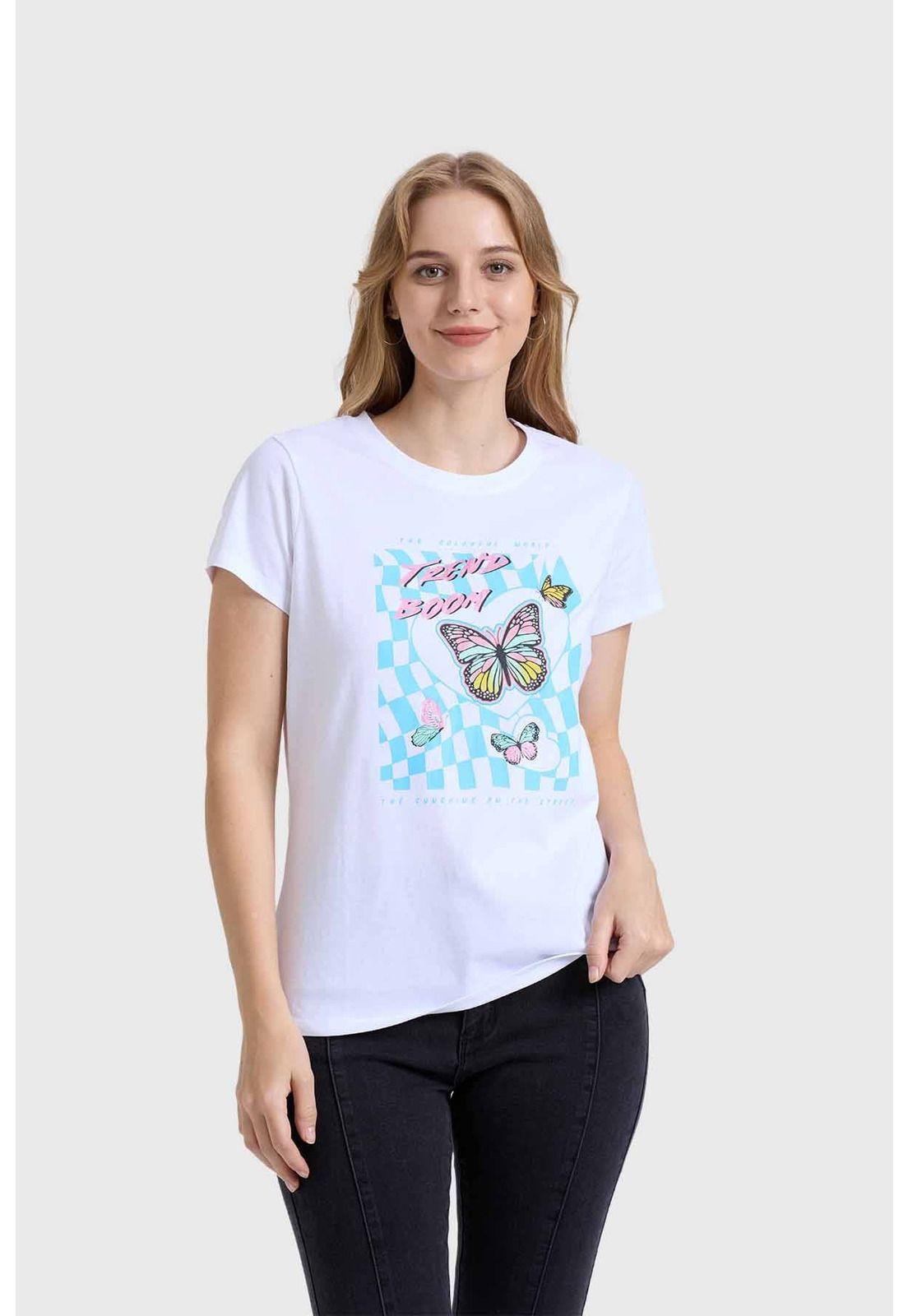 Polera Mujer Básica Print Blanco / Turquesa-0