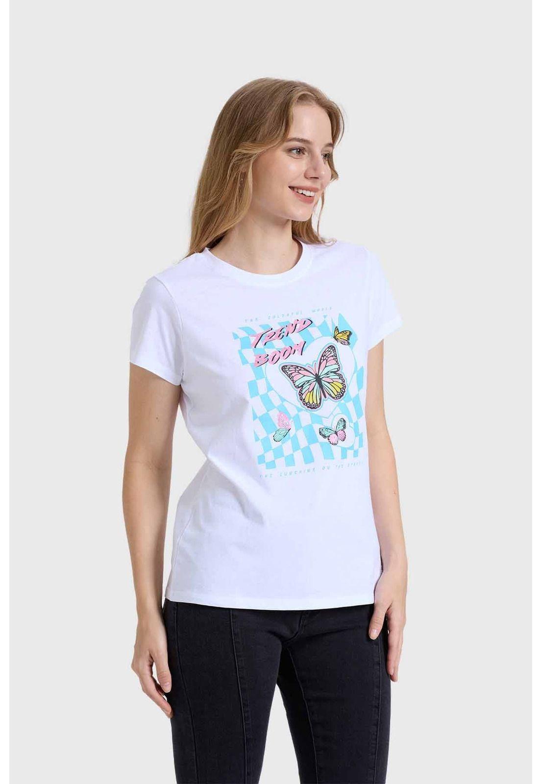 Polera Mujer Básica Print Blanco / Turquesa-1