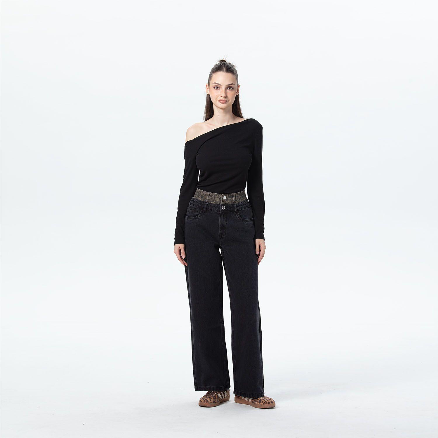 Jeans Mujer Cintura Calce Recto Negro-3
