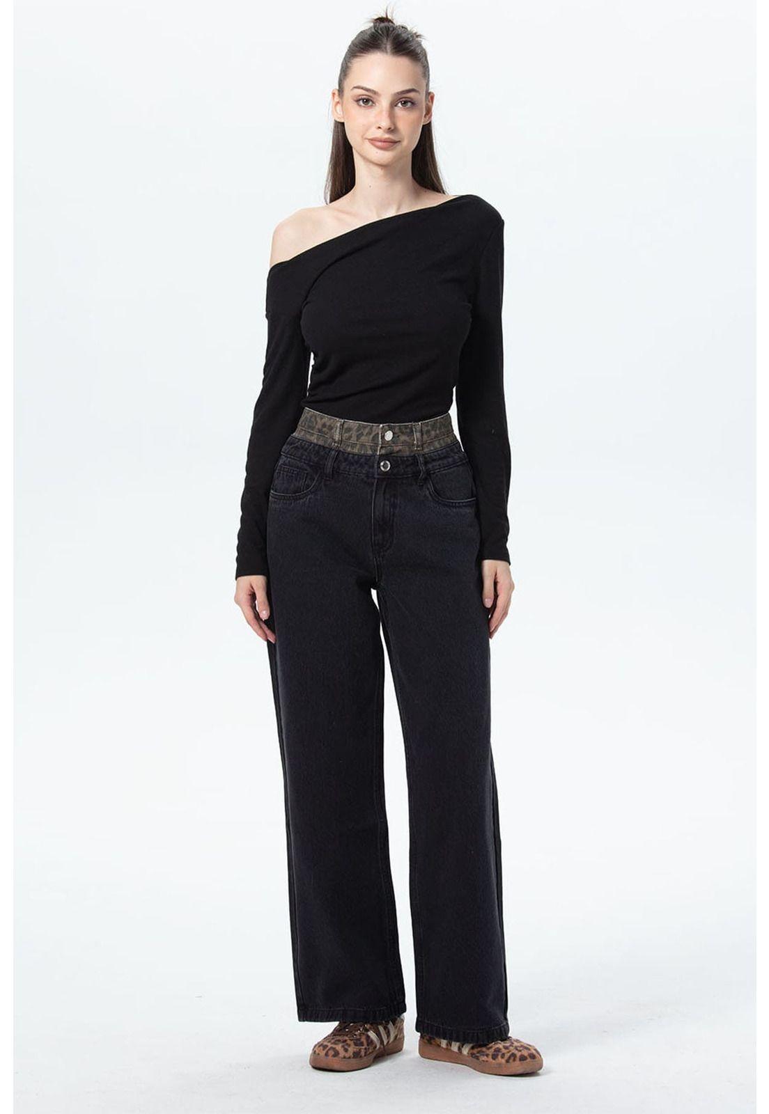 Jeans Mujer Cintura Calce Recto Negro-3