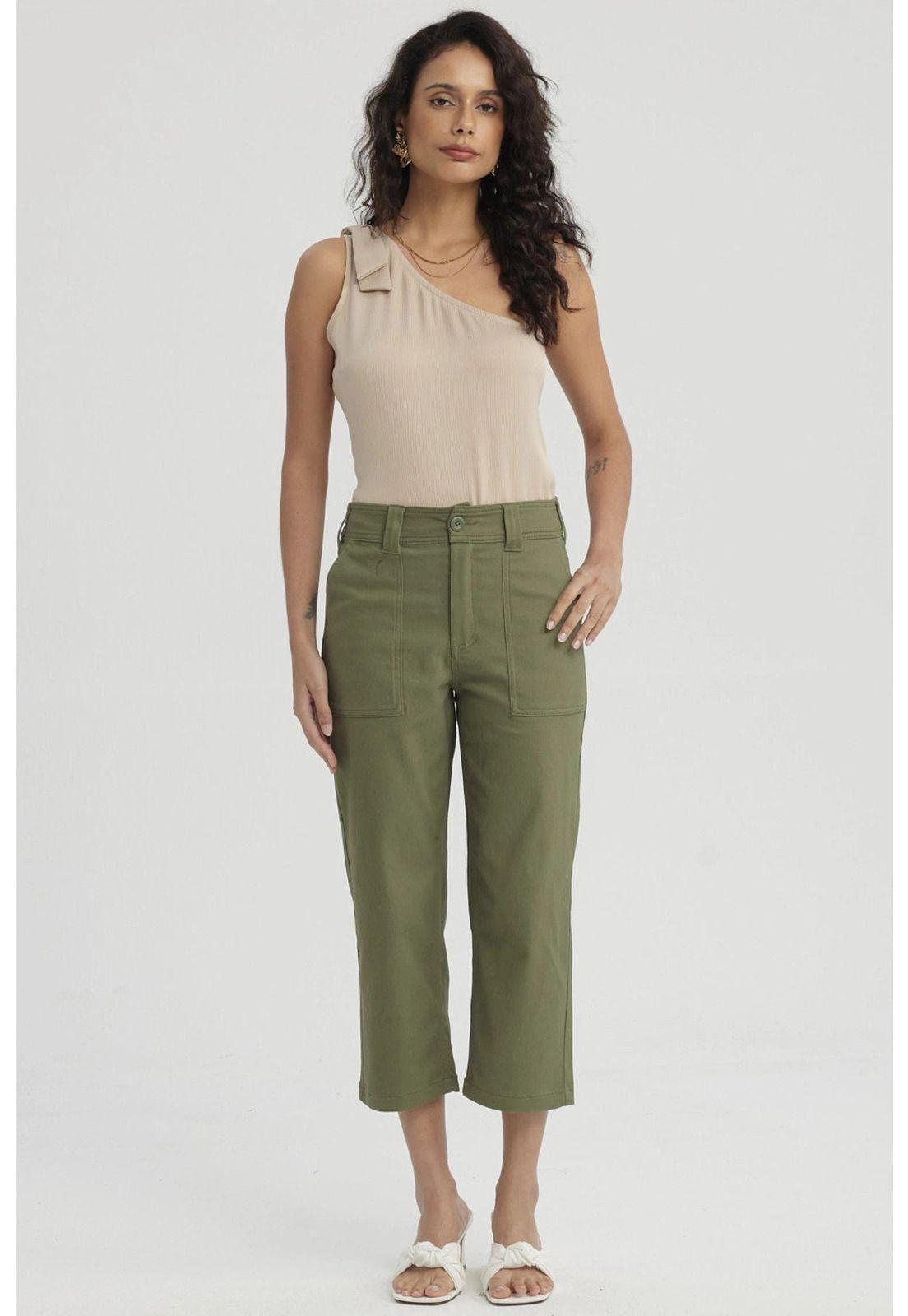 Pantalón Mujer Gabardina Bolsillo Cargo Verde Musgo-1