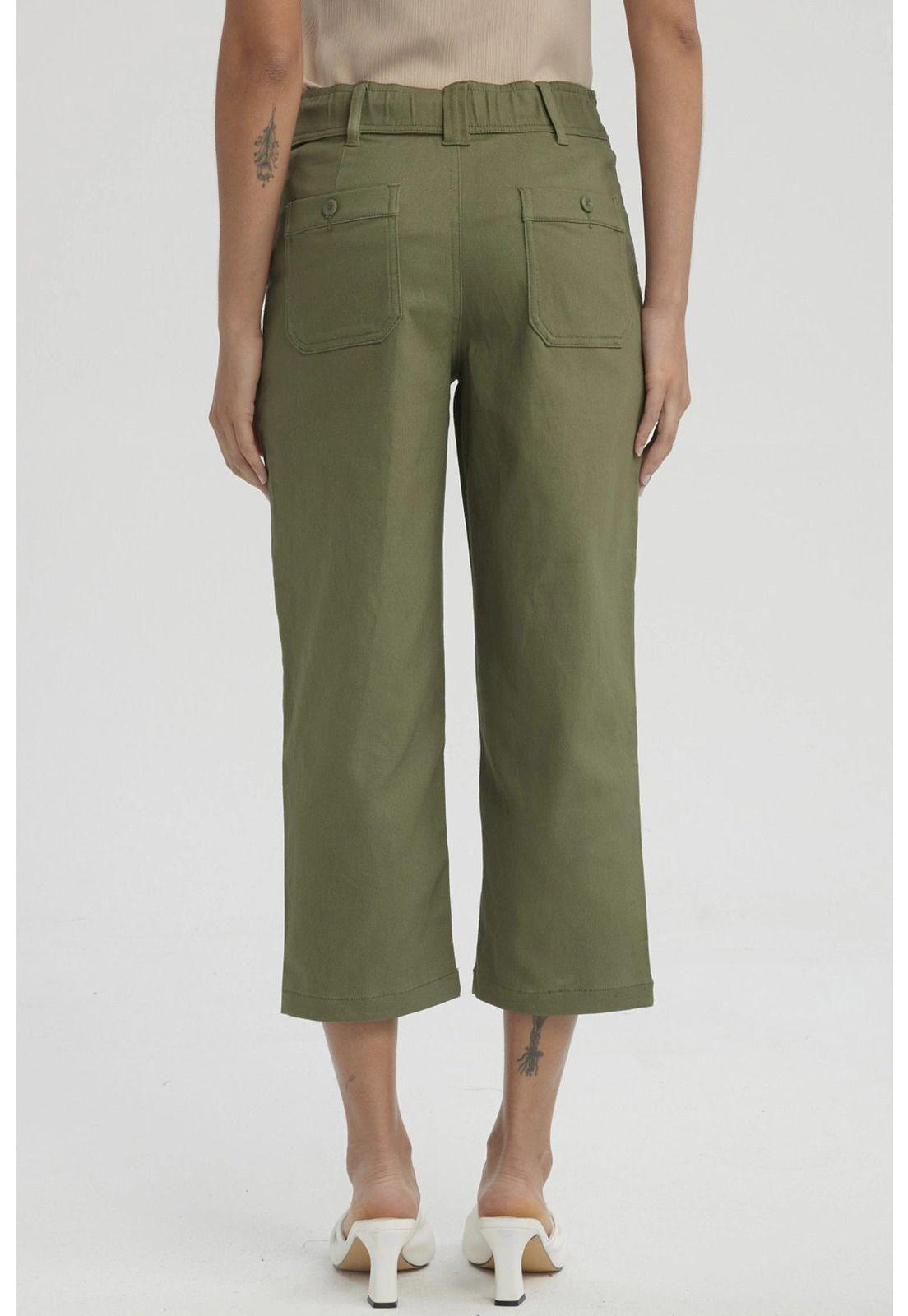 Pantalón Mujer Gabardina Bolsillo Cargo Verde Musgo-2