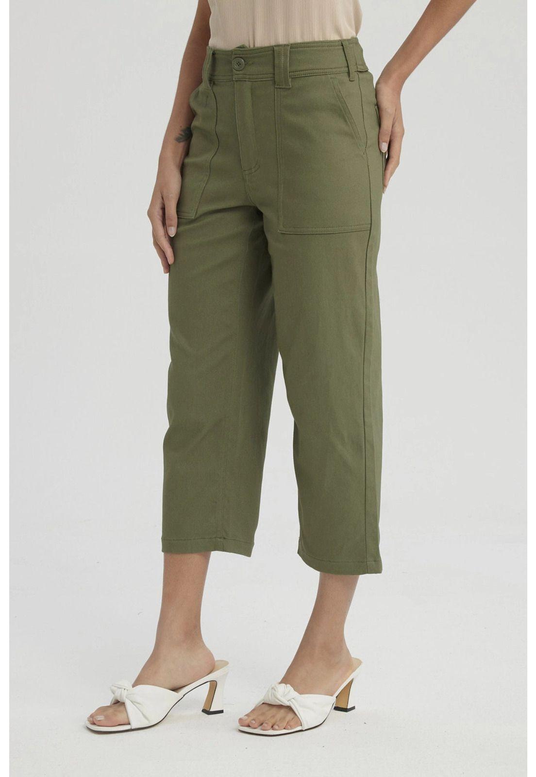 Pantalón Mujer Gabardina Bolsillo Cargo Verde Musgo-3