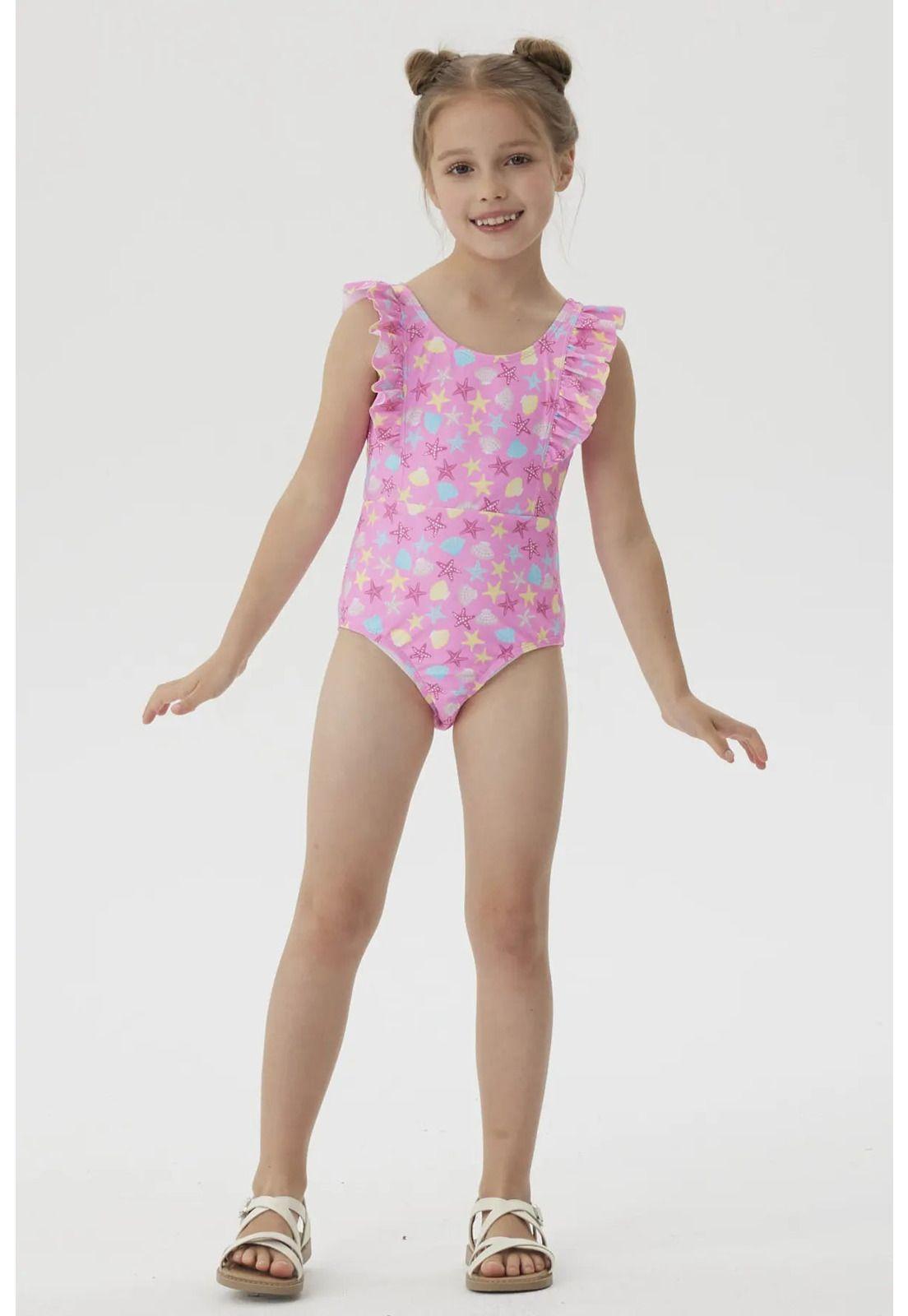 Traje De Baño Niña Con Vuelos Delantero Fucsia-0