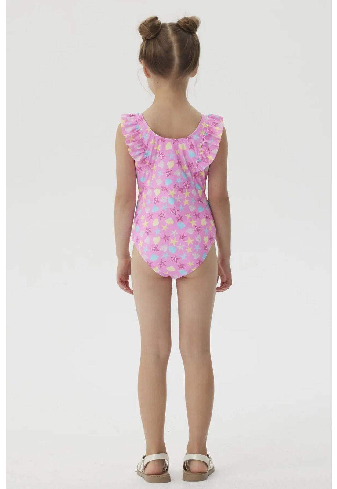 Traje De Baño Niña Con Vuelos Delantero Fucsia-2