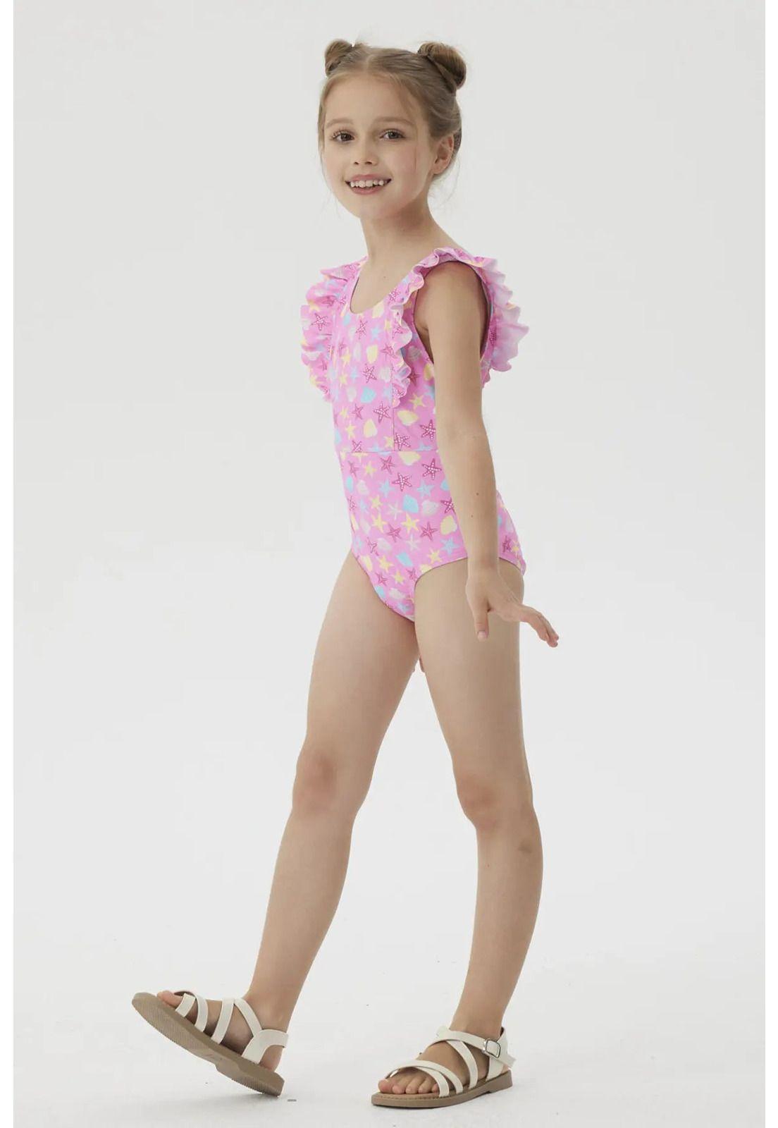 Traje De Baño Niña Con Vuelos Delantero Fucsia-3