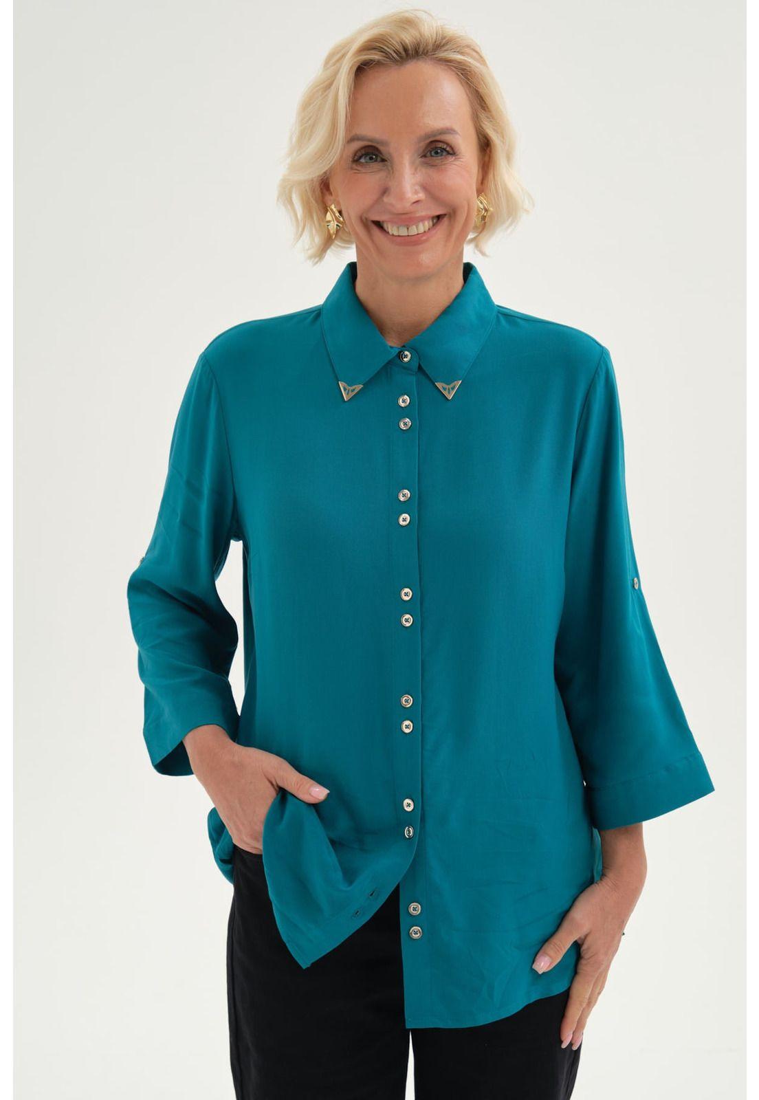 Blusa Mujer Abotonada Roll Up Turquesa-0