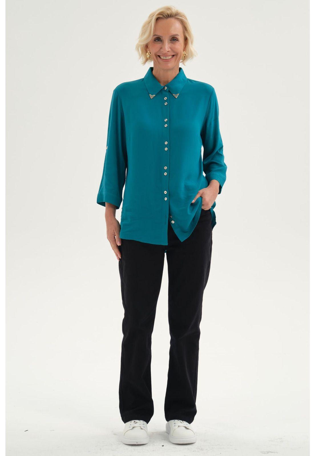Blusa Mujer Abotonada Roll Up Turquesa-3
