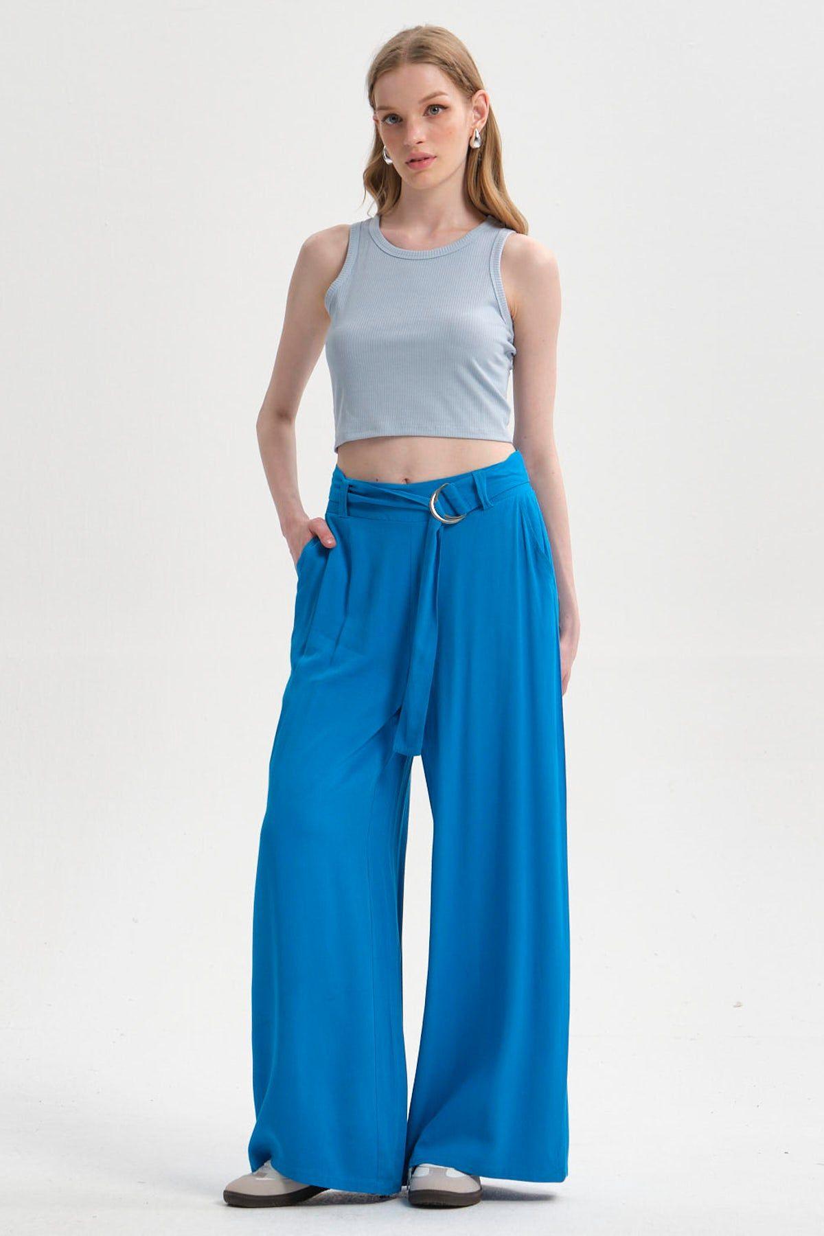 Pantalón Mujer Palazzo Cinturón Azulino-3
