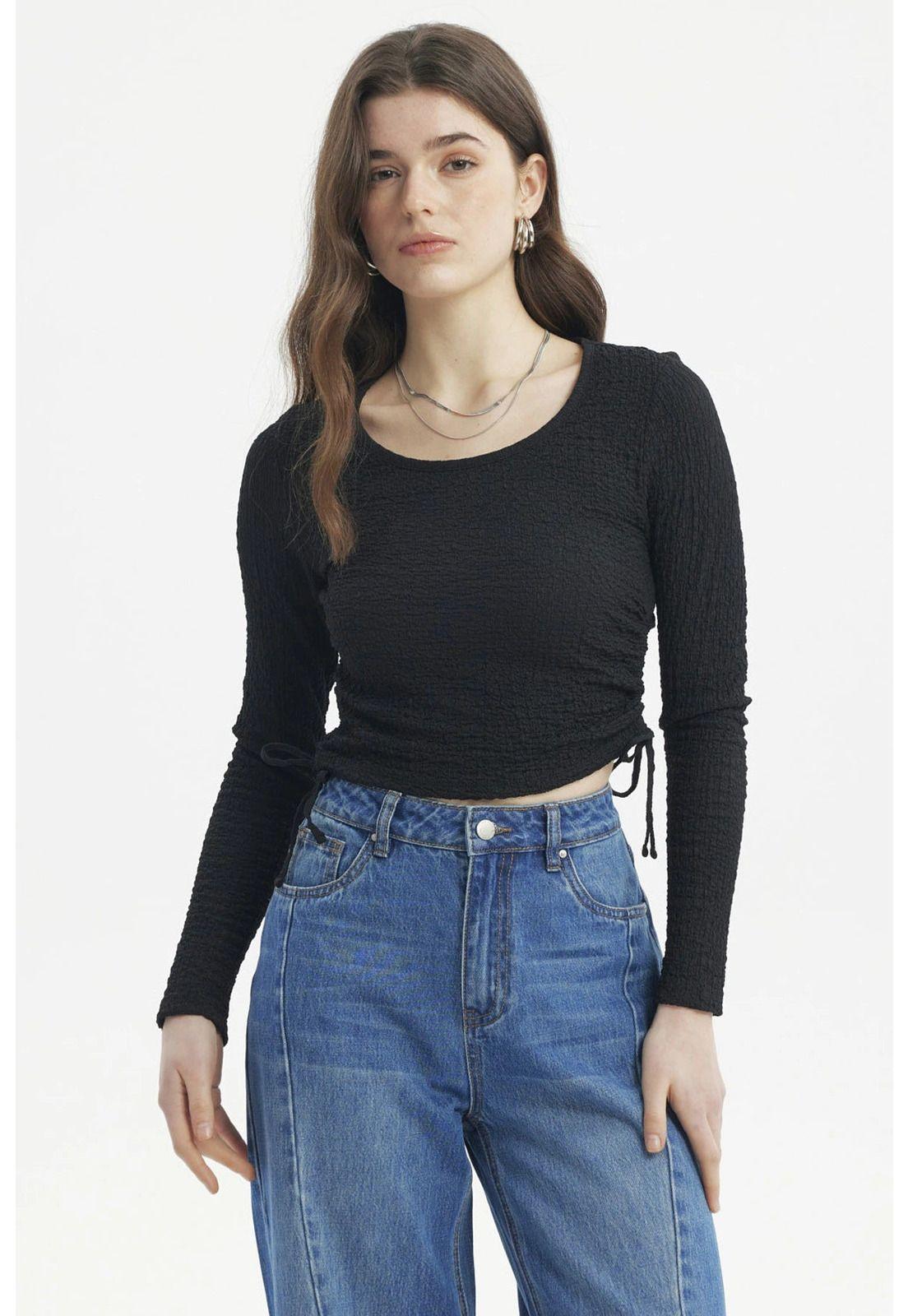 Polera Mujer Jacquard Recogido Negro-0