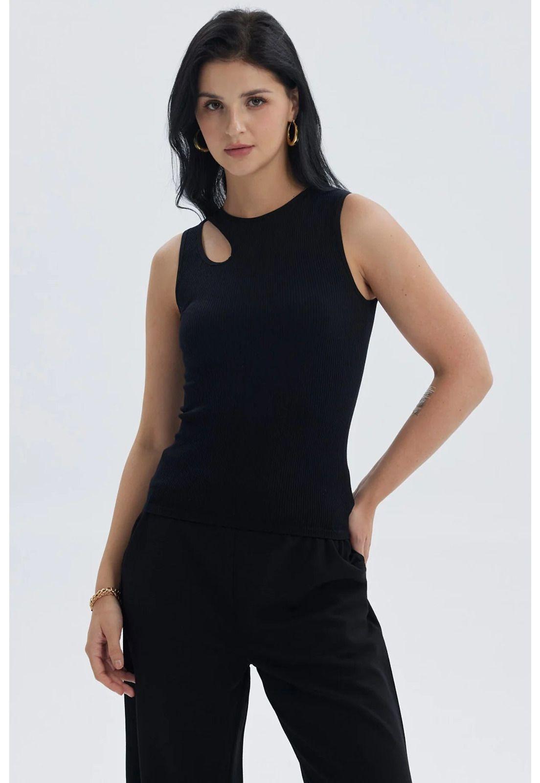 Polera Mujer Lisa Abertura Negro-0