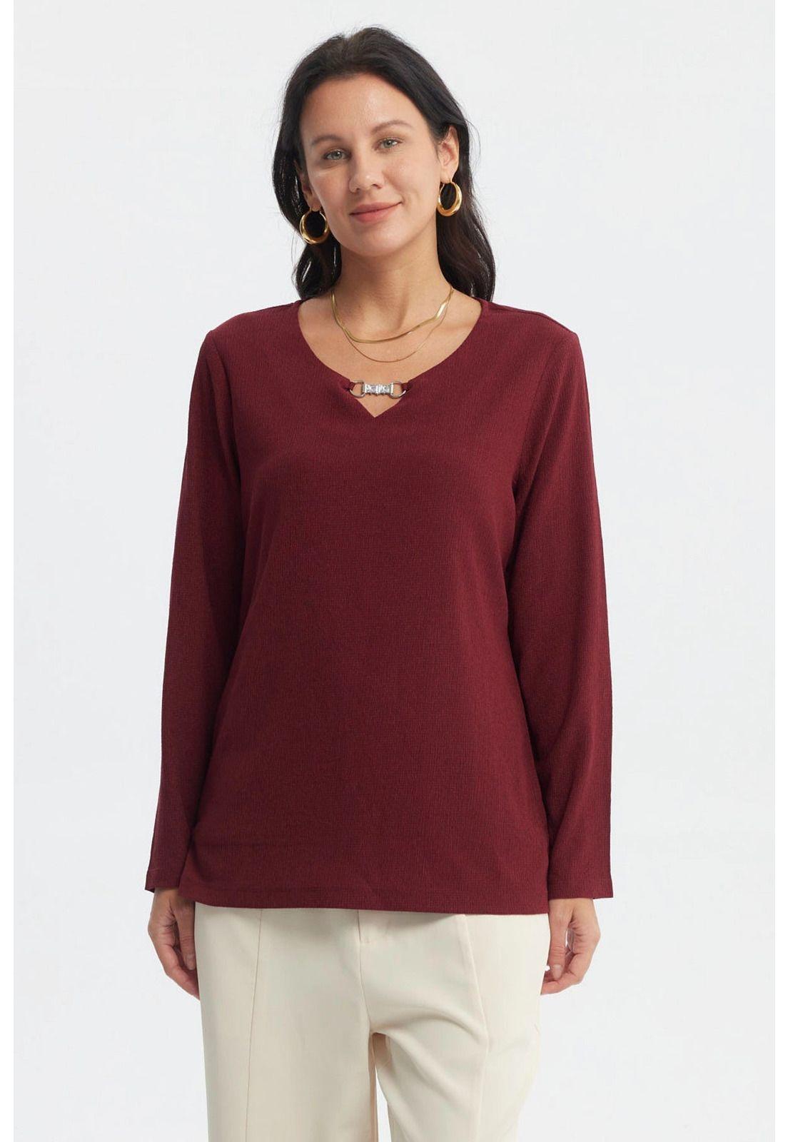 Polera Mujer Detalle Cuello Rojo - ll-0