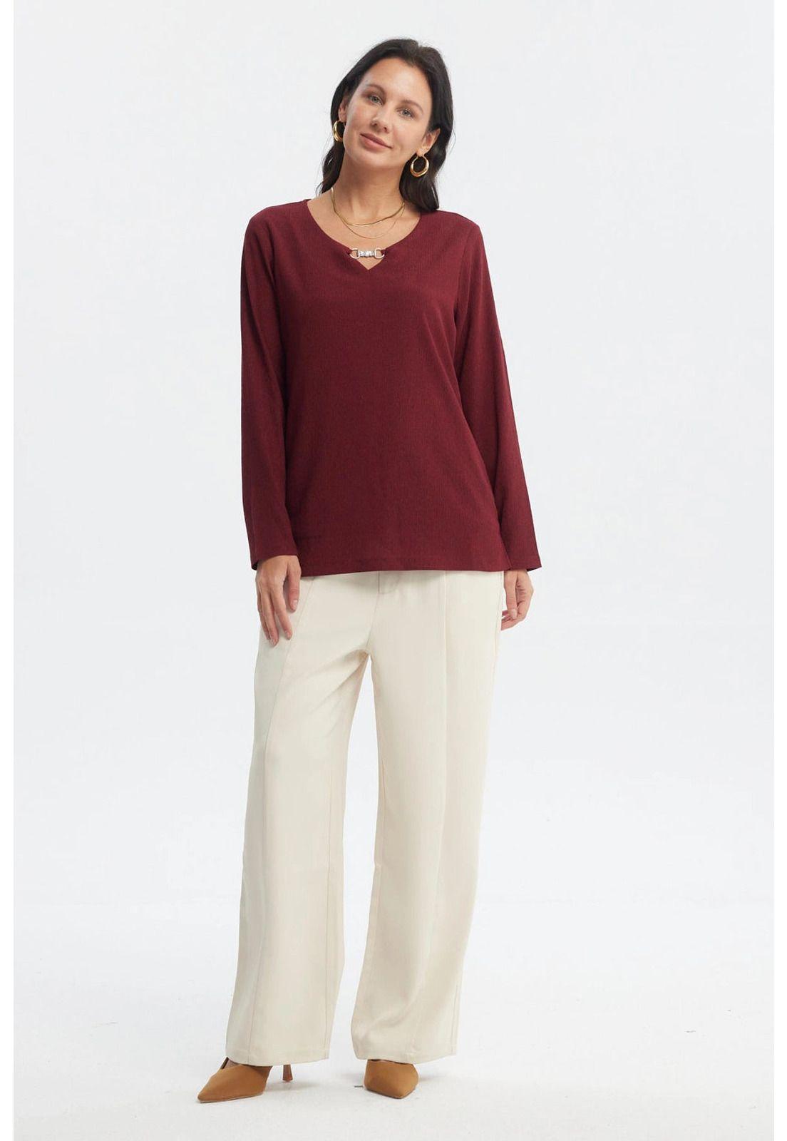 Polera Mujer Detalle Cuello Rojo - ll-3