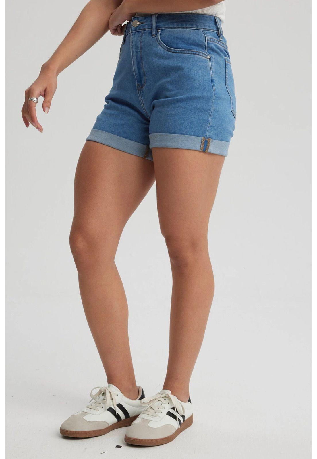 Short Mujer Mom Tiro Alto Azul-1