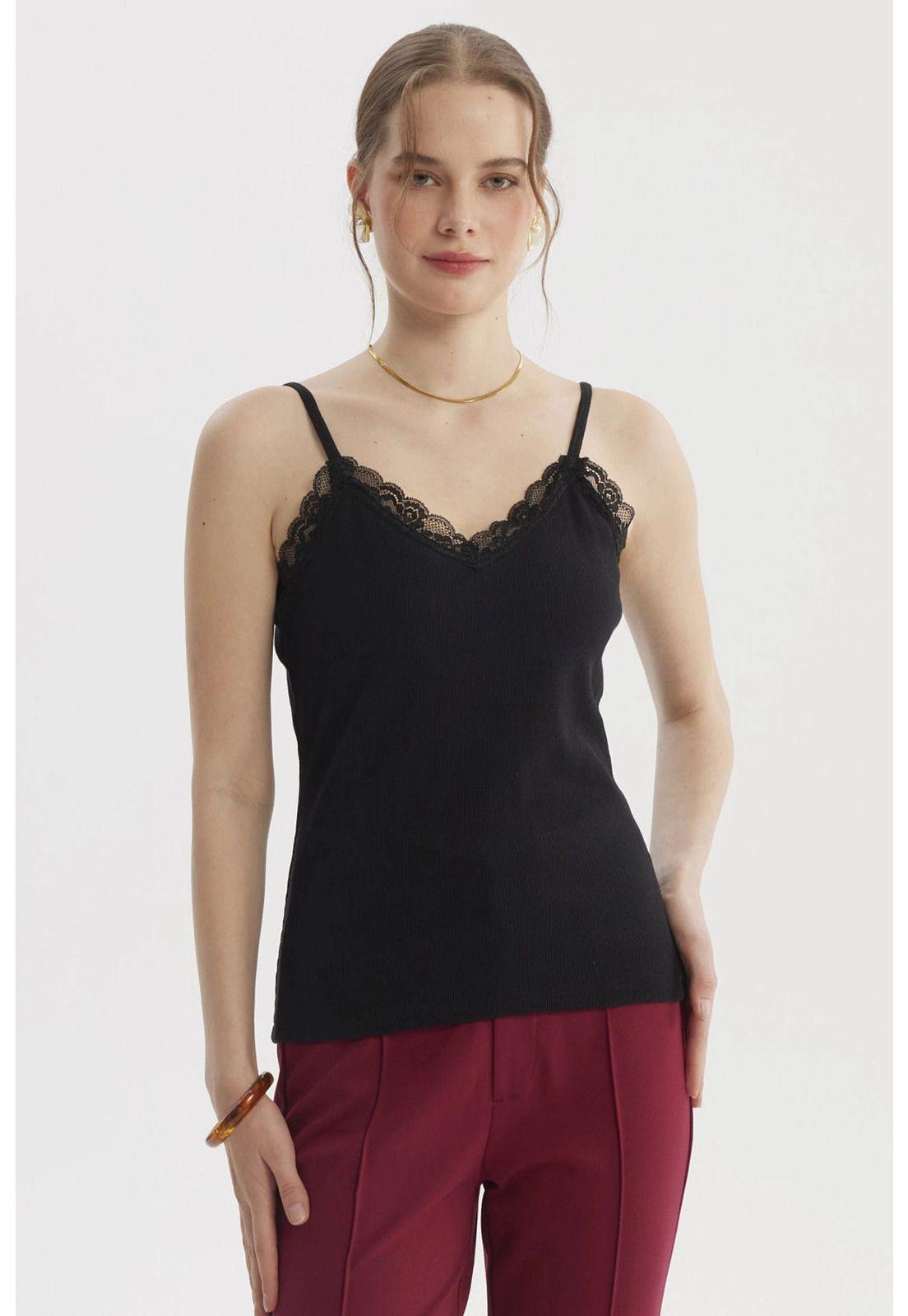 Polera Peto Mujer Pabilo Escote Con Encaje Negro-0