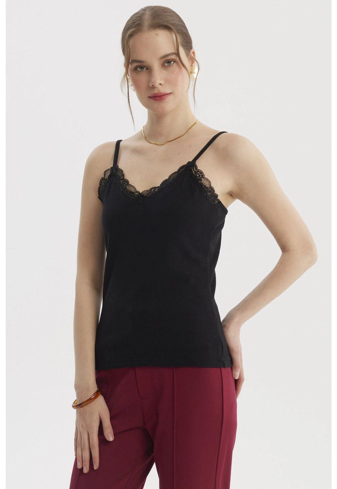Polera Peto Mujer Pabilo Escote Con Encaje Negro-1