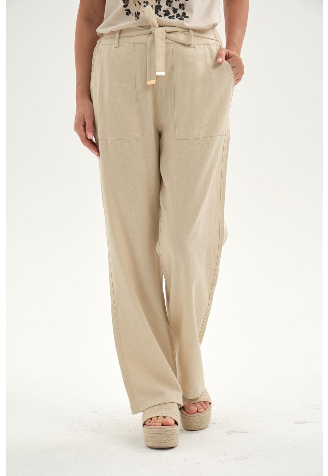 Pantalón Mujer Lino Pretina Elasticada Beige-0