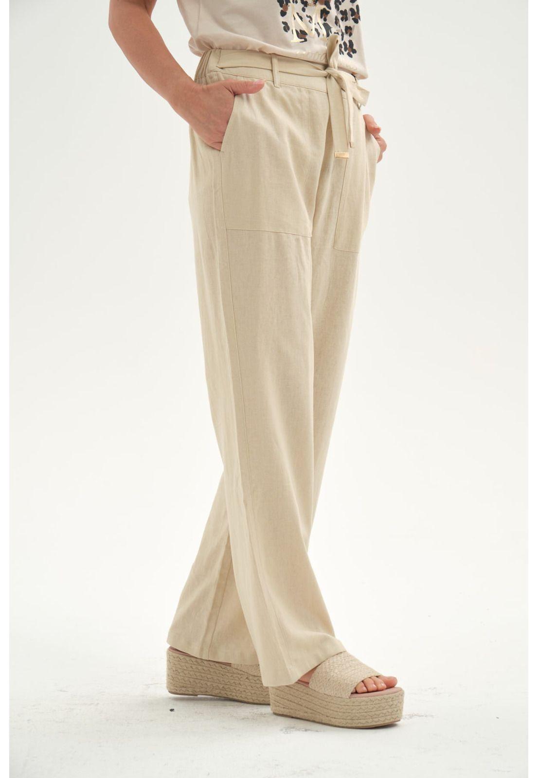 Pantalón Mujer Lino Pretina Elasticada Beige-1