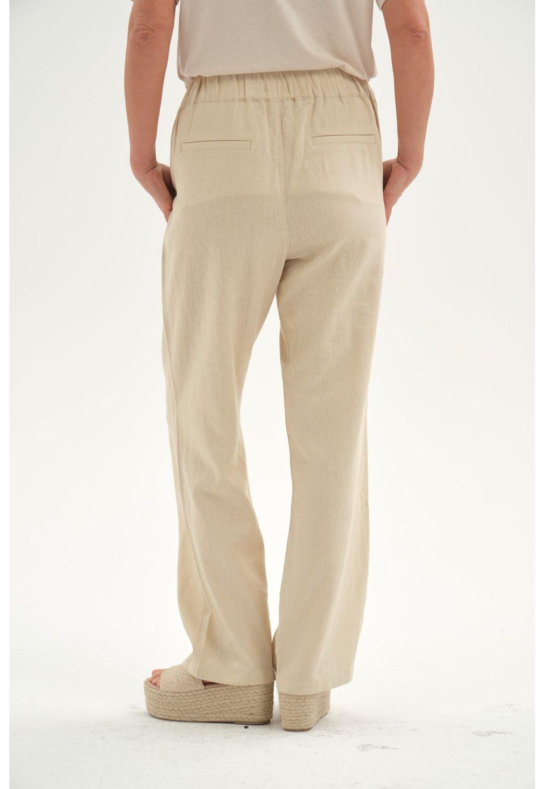 Pantalón Mujer Lino Pretina Elasticada Beige-2