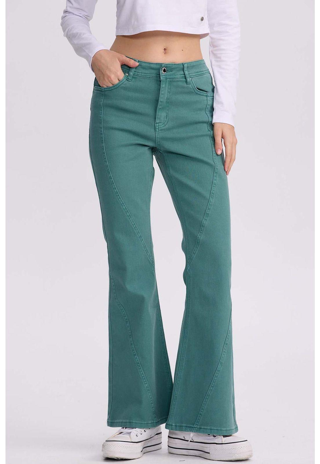 Jeans Mujer Flare Color Line Verde Agua-0