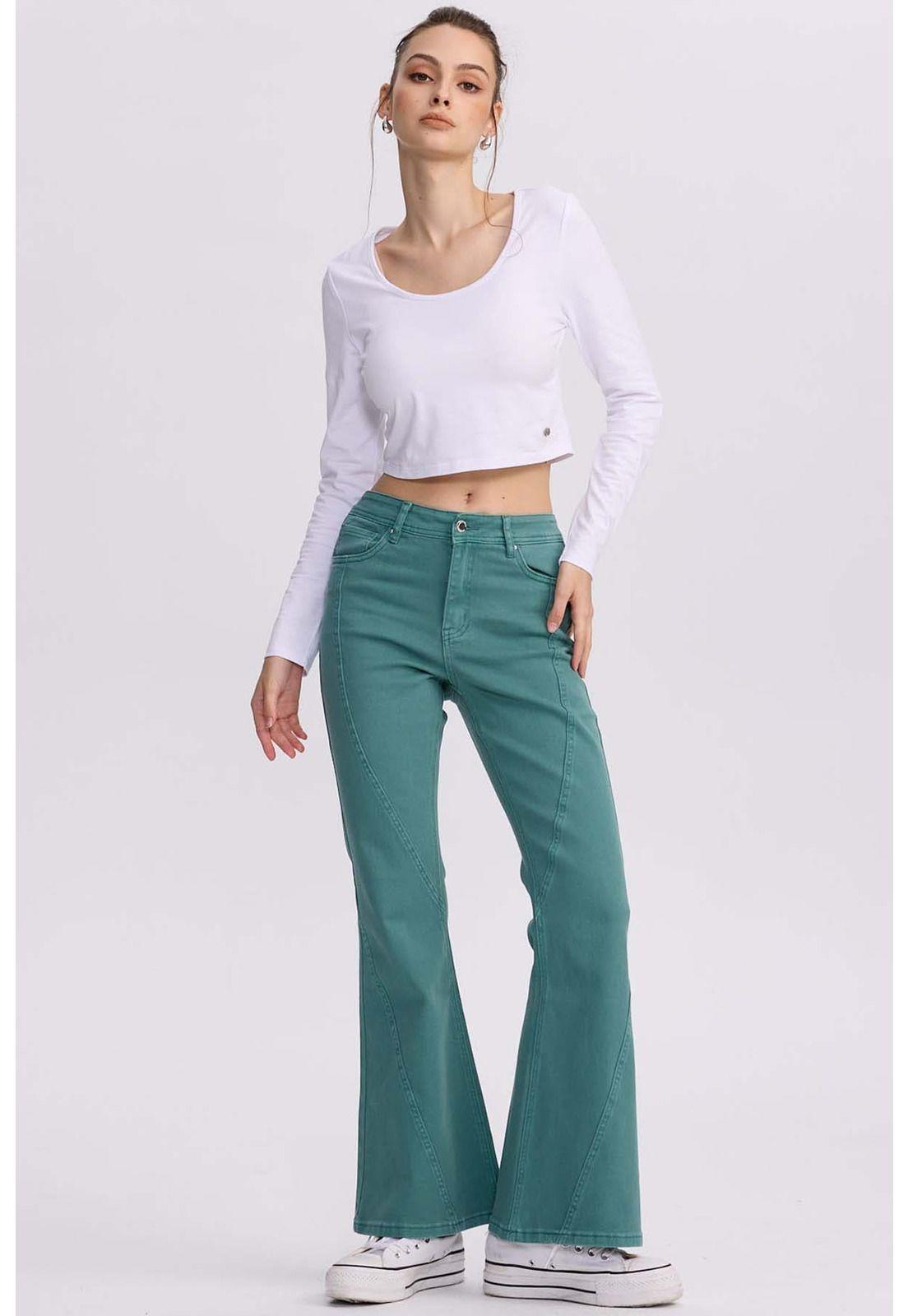 Jeans Mujer Flare Color Line Verde Agua-3