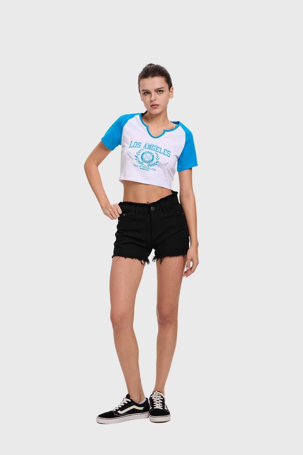 Polera Mujer Crop Estampado Azul-3