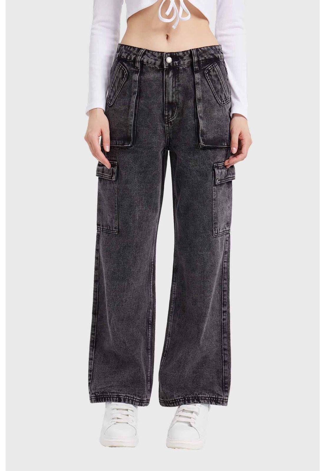Jeans Mujer Recto Cargo Gris-0
