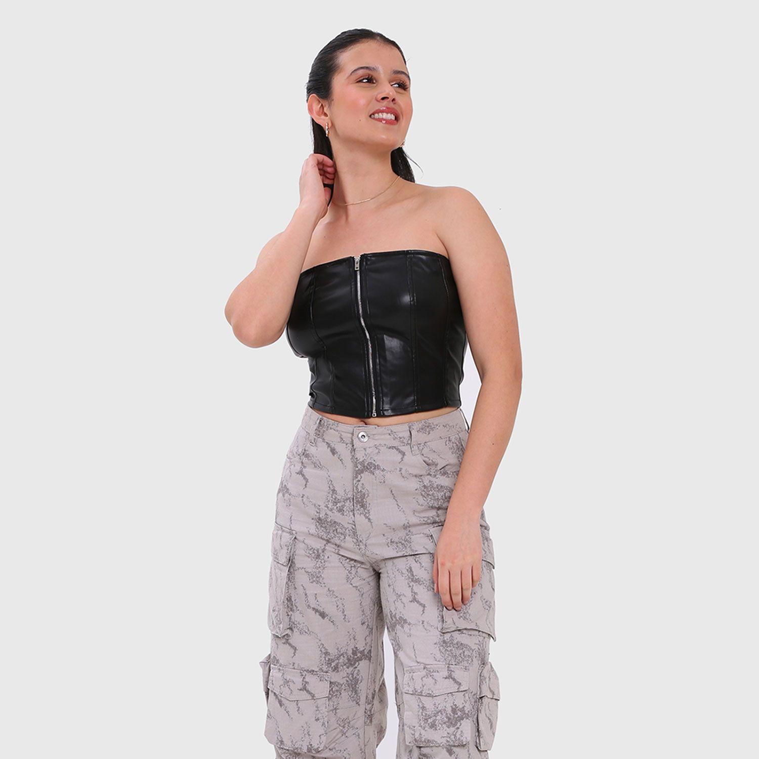 Polera Mujer Efecto Cuero Corset Negro Fashion's Park-3