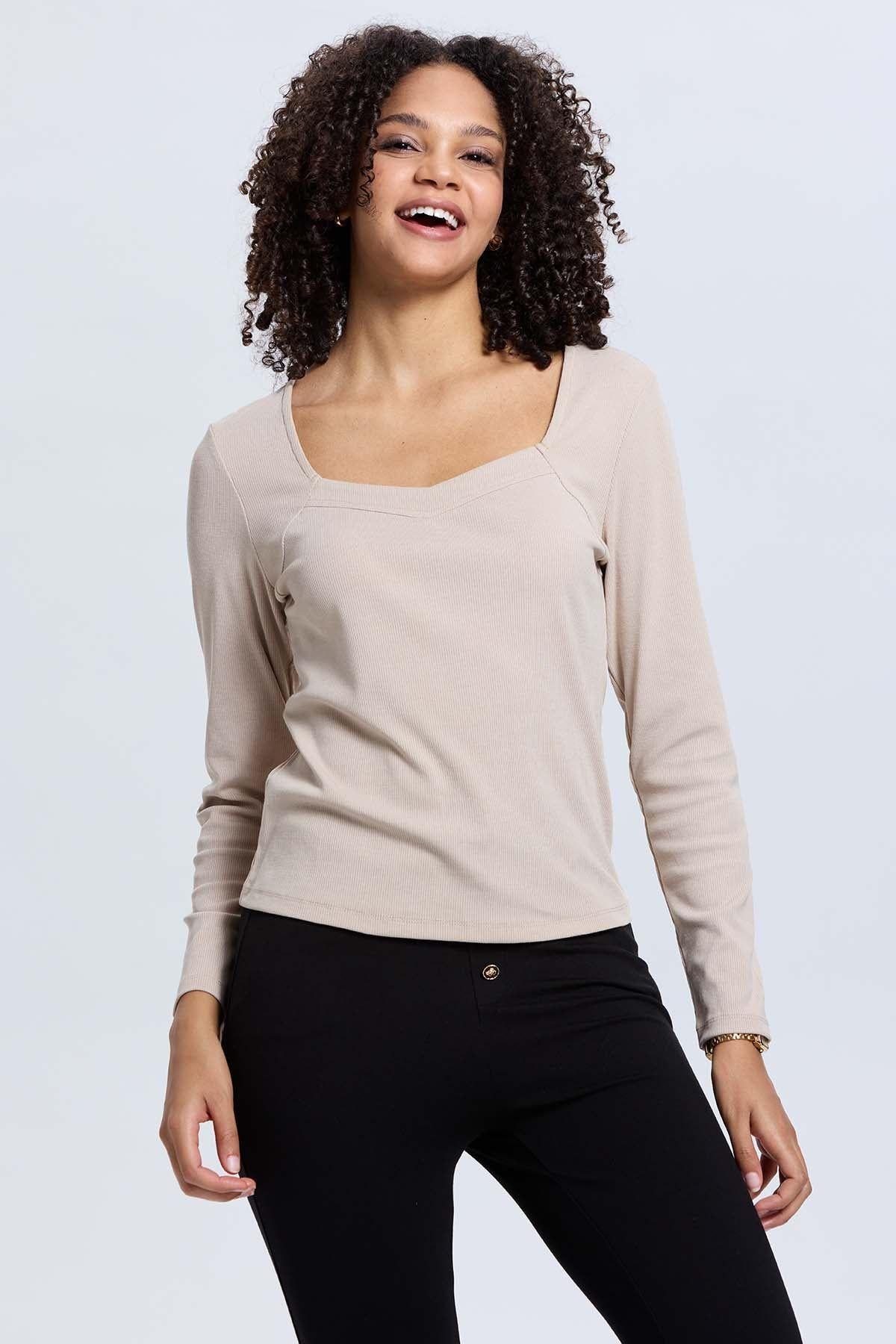 Polera Mujer Escote Cuadrado Beige-0