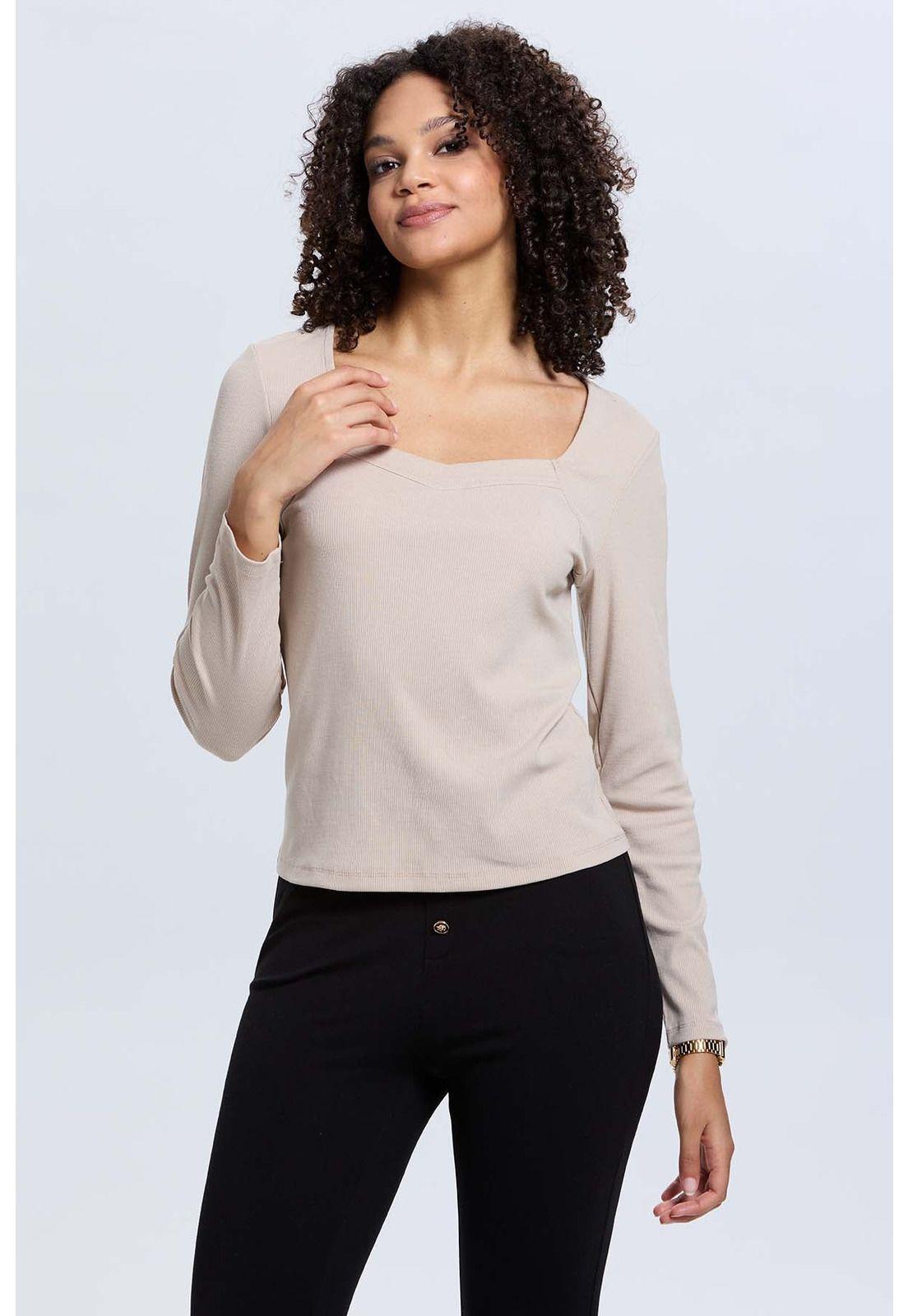 Polera Mujer Escote Cuadrado Beige - ll-1