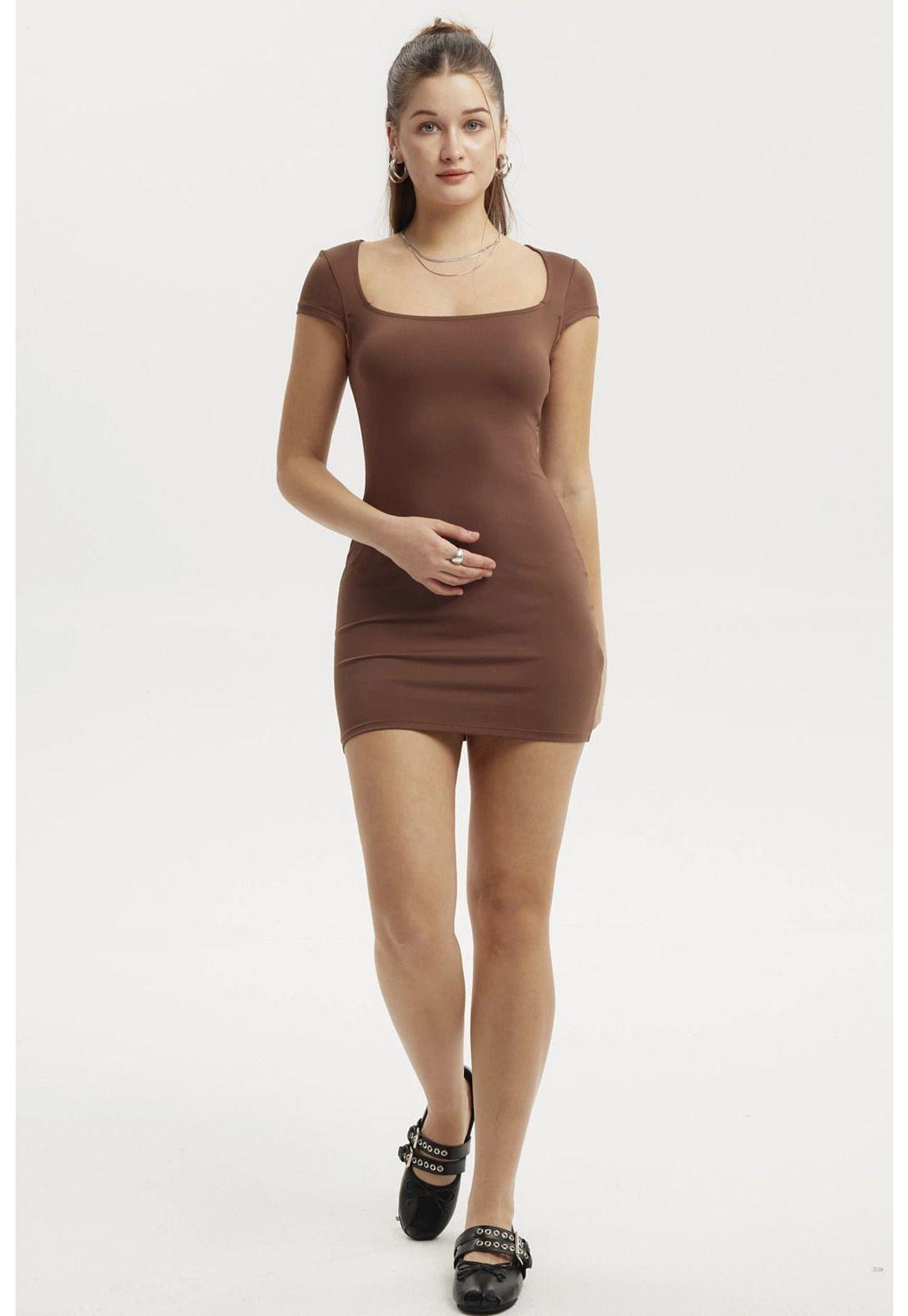 Vestido Mujer Escote Cuadrado Café-2