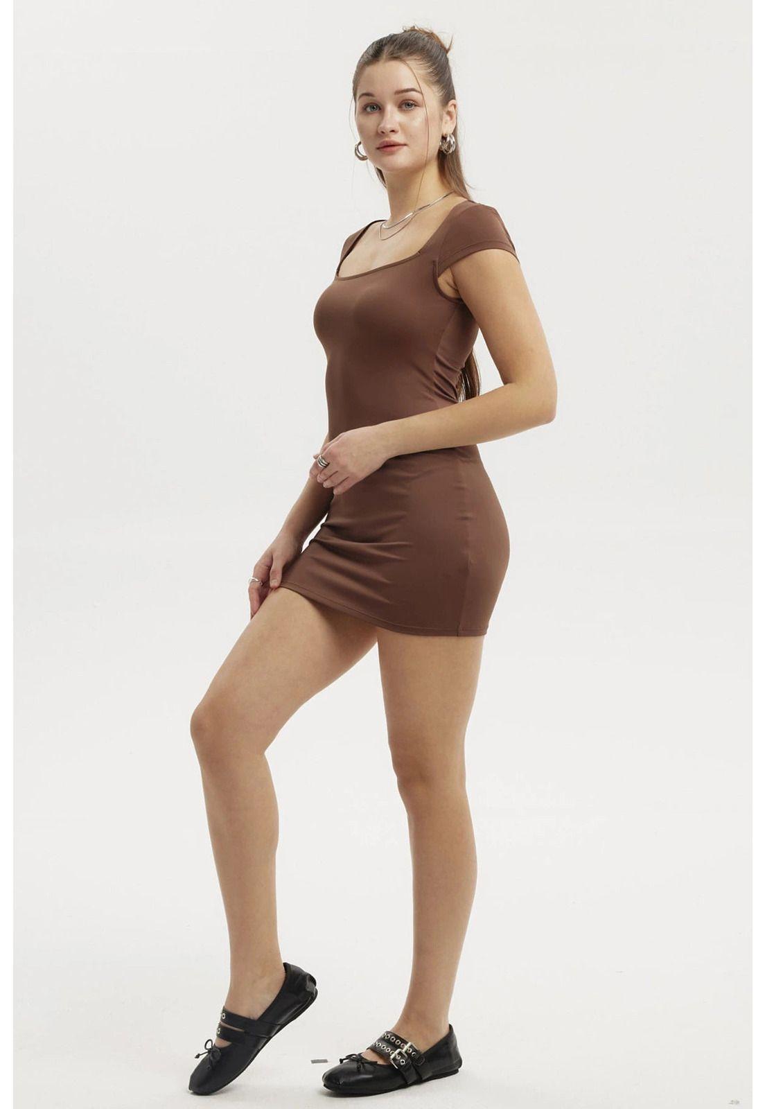 Vestido Mujer Escote Cuadrado Café-3