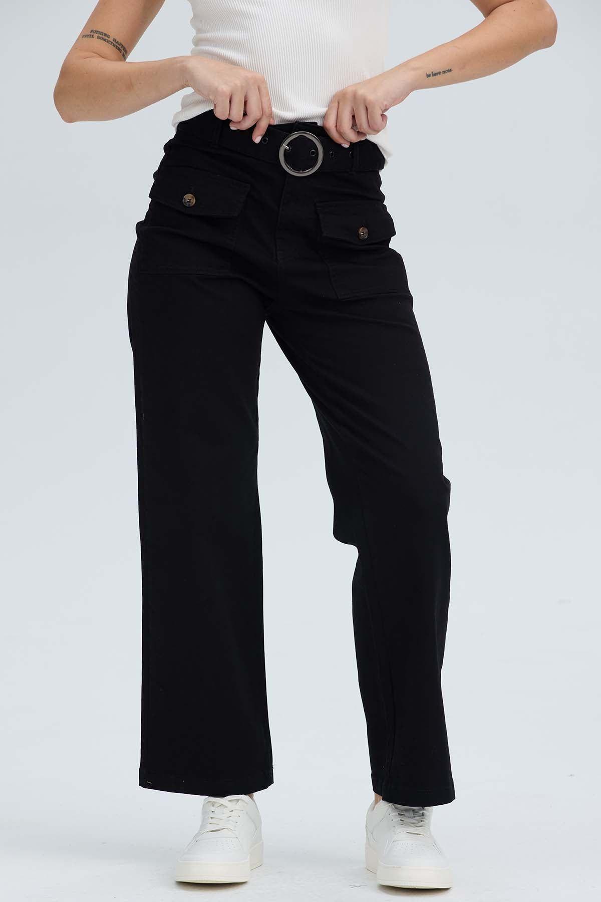 Pantalón Mujer Con Cinturón Y Bolsillos Negro-0