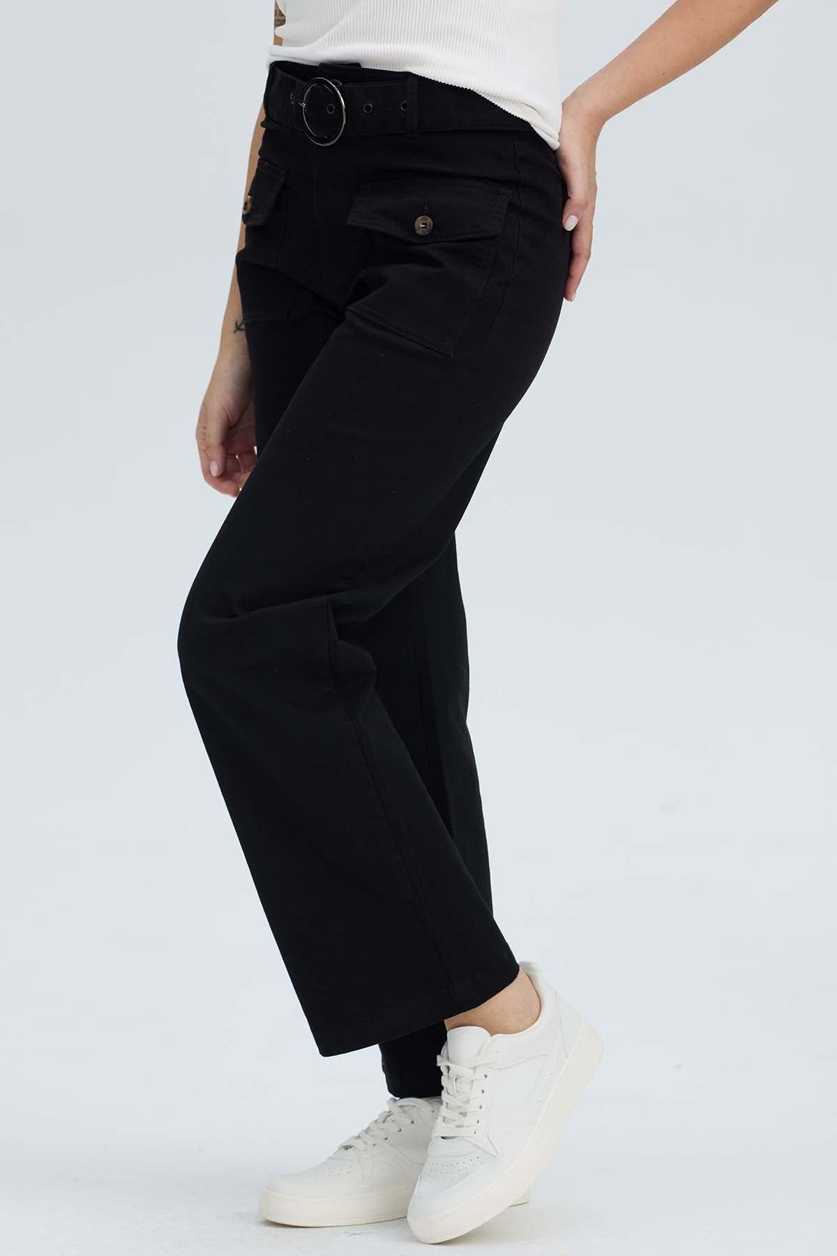 Pantalón Mujer Con Cinturón Y Bolsillos Negro-1