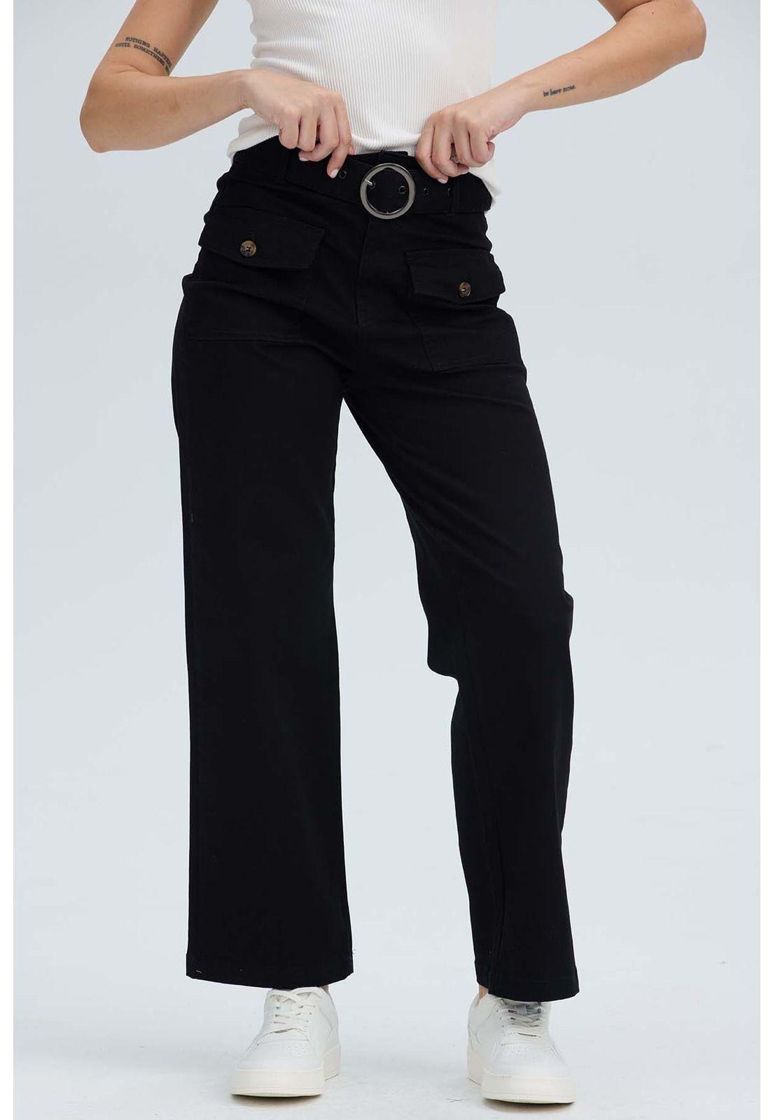 Pantalón Mujer Con Cinturón Y Bolsillos Negro-0