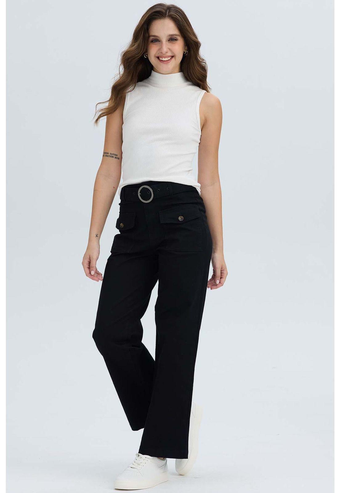 Pantalón Mujer Con Cinturón Y Bolsillos Negro-3