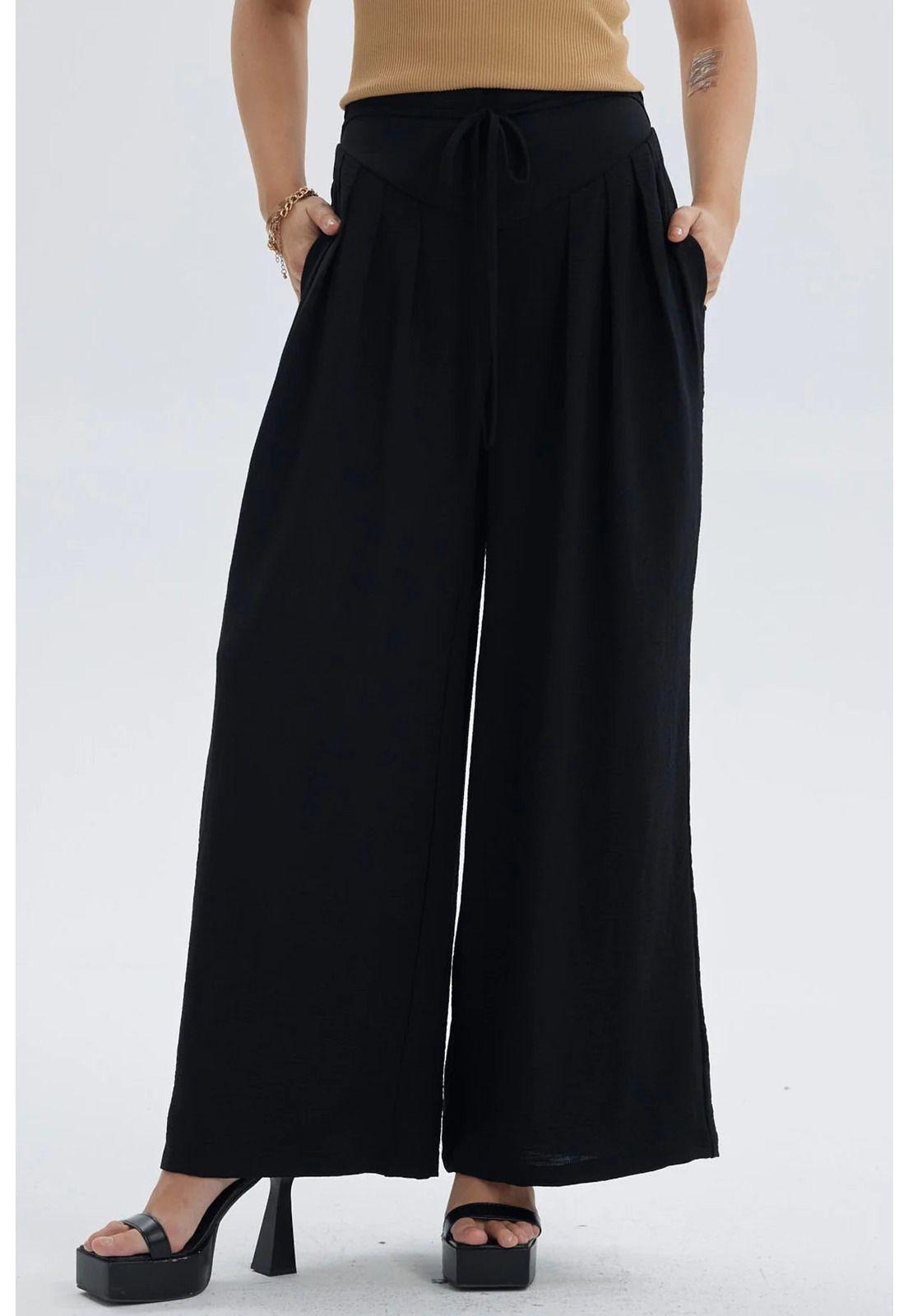 Pantalón Mujer Palazzo Pretina Diagonal Negro-0