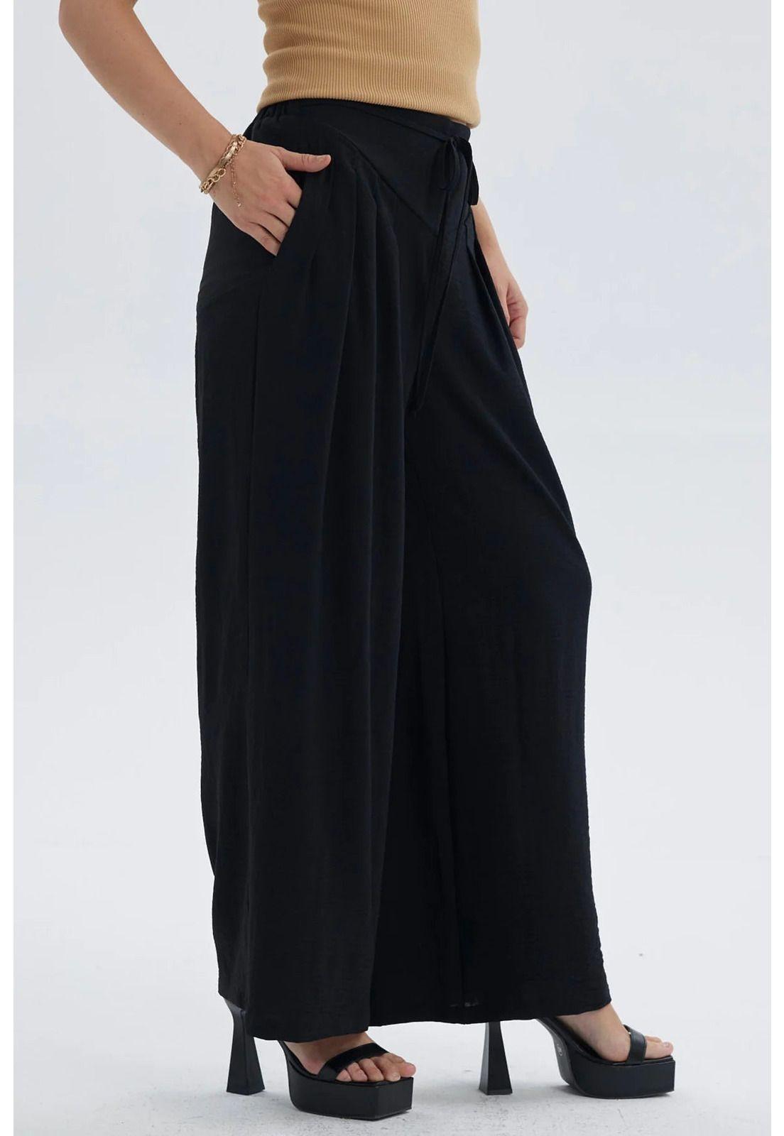 Pantalón Mujer Palazzo Pretina Diagonal Negro-1