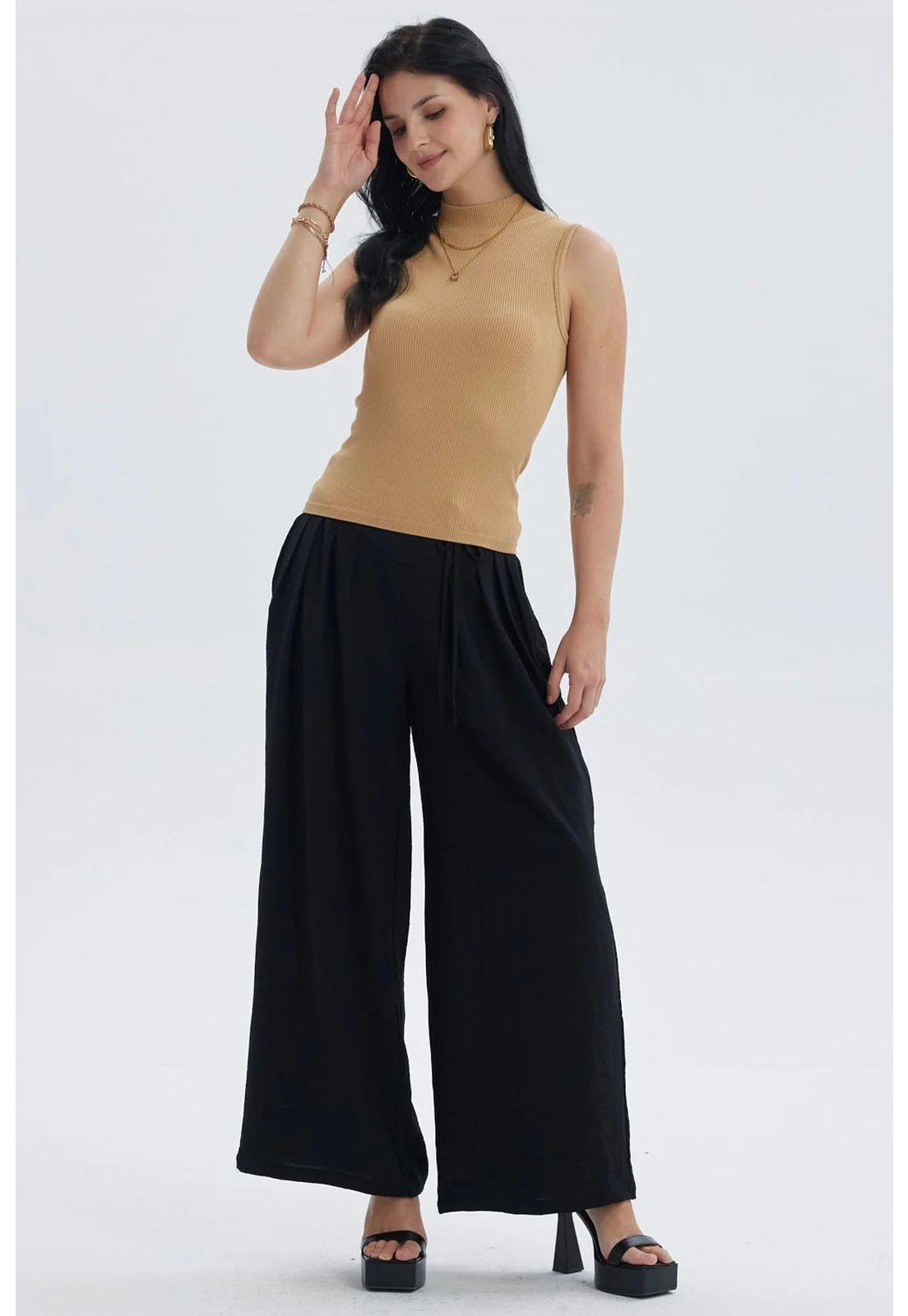 Pantalón Mujer Palazzo Pretina Diagonal Negro-3