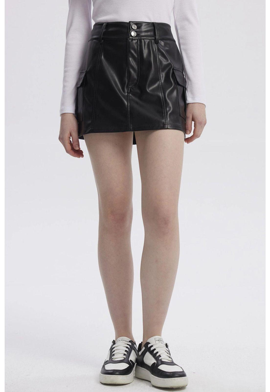 Falda Mujer Efecto Cuero Tableada Negro-0