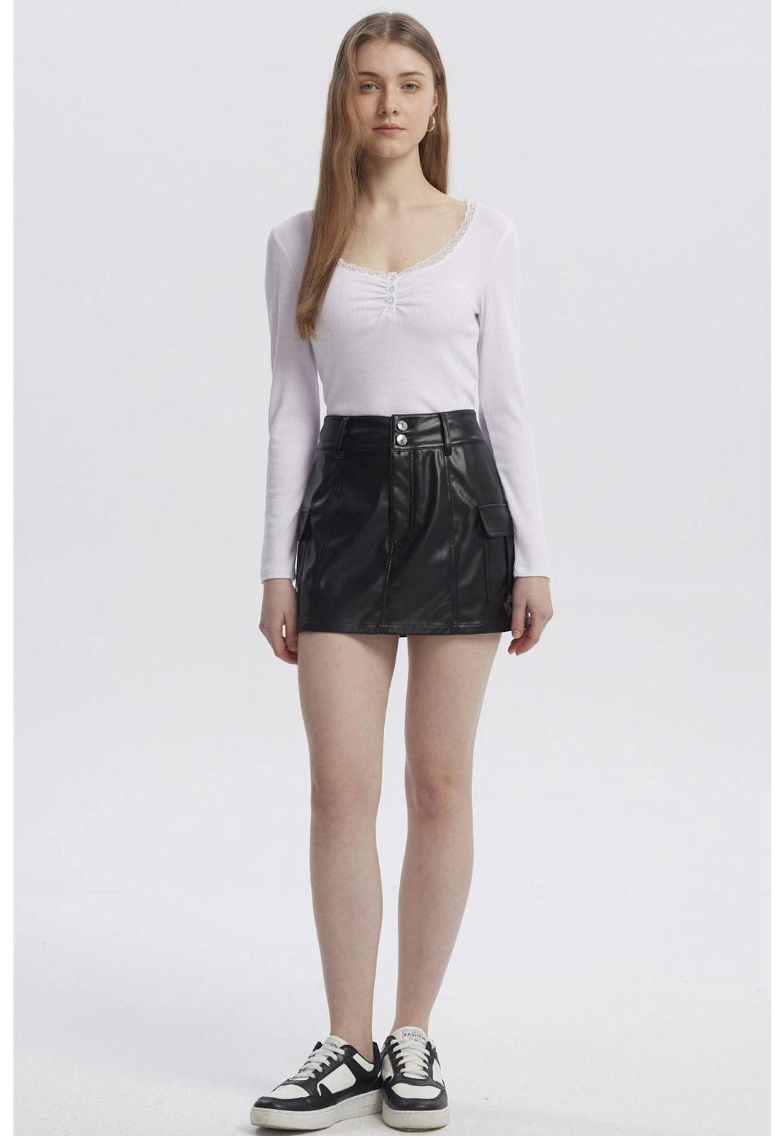 Falda Mujer Efecto Cuero Tableada Negro-3