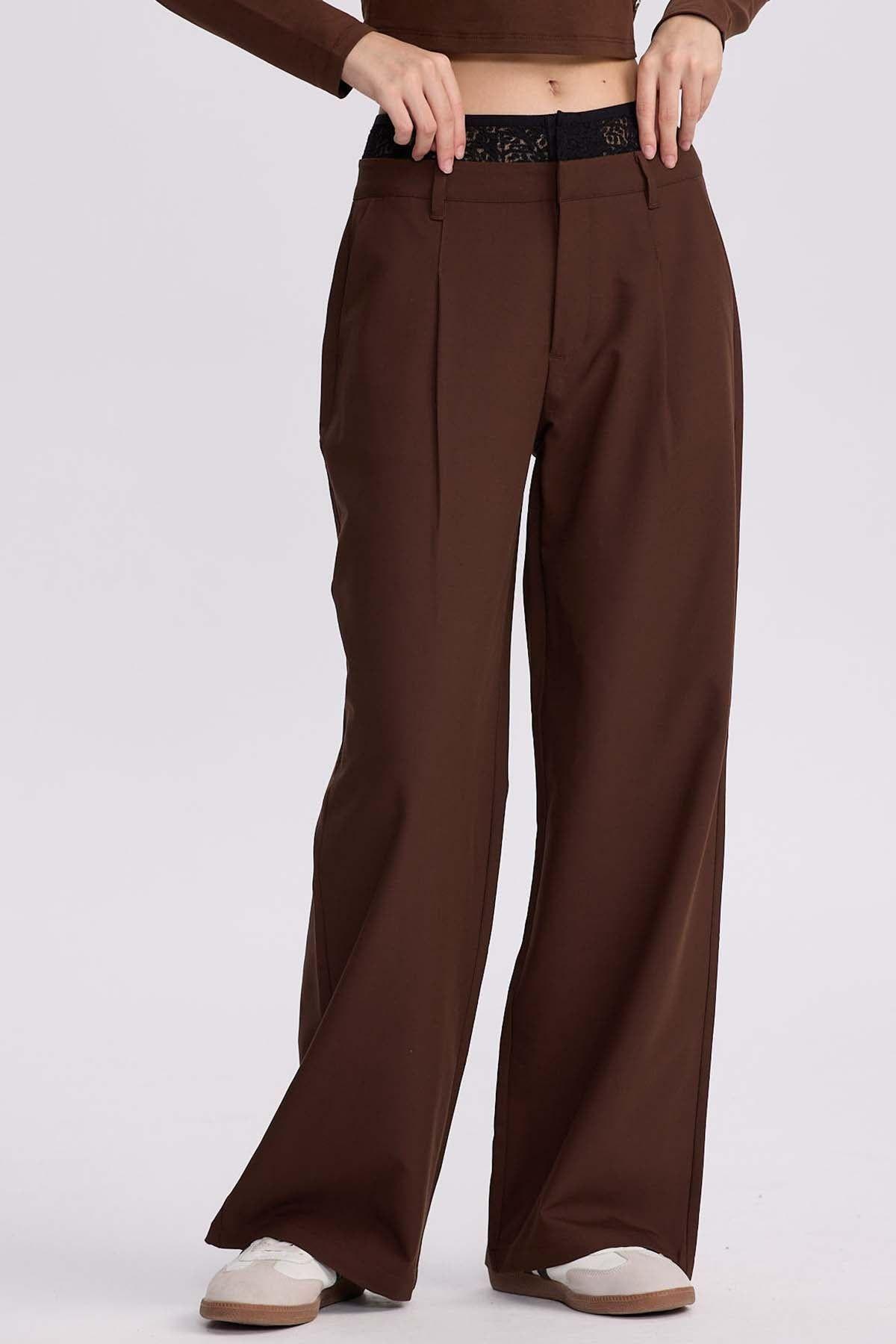 Pantalón Mujer Doble Pretina Encaje Cafe-0